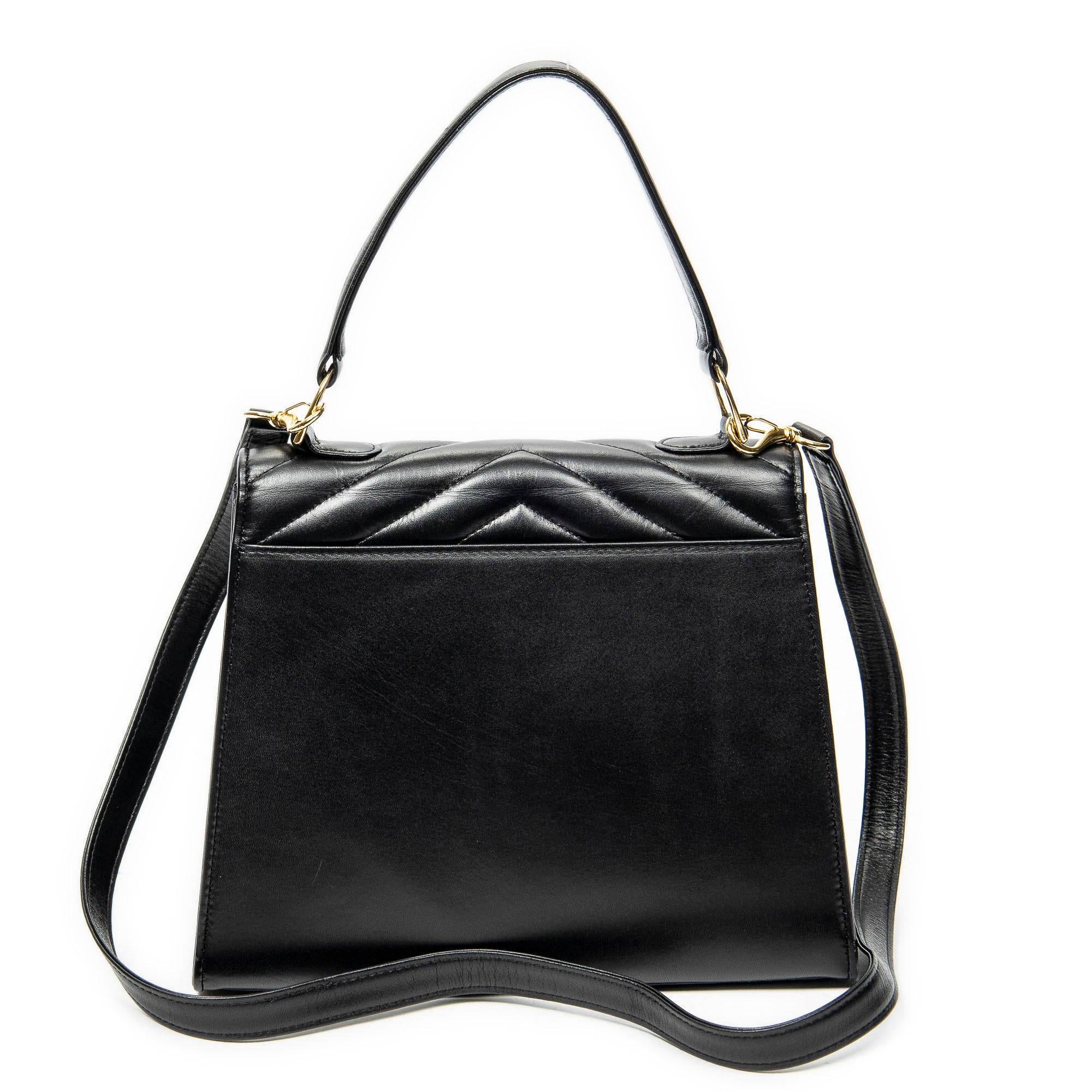 Shoulder Bag Vintage Trapezoid Top Handle Flap Black Chevron Quilted Calfskin Leather