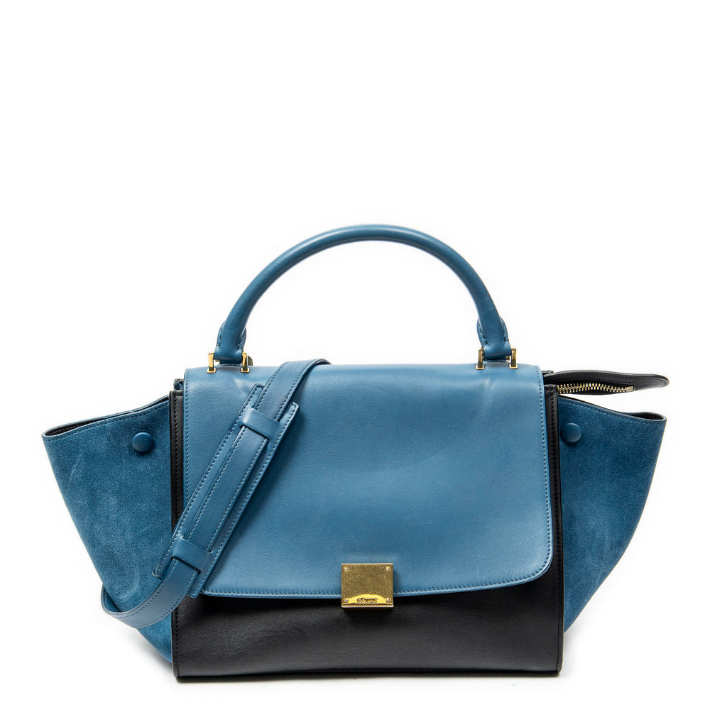 Shoulder Bag Small Bicolor Trapeze Blue Smooth Leather