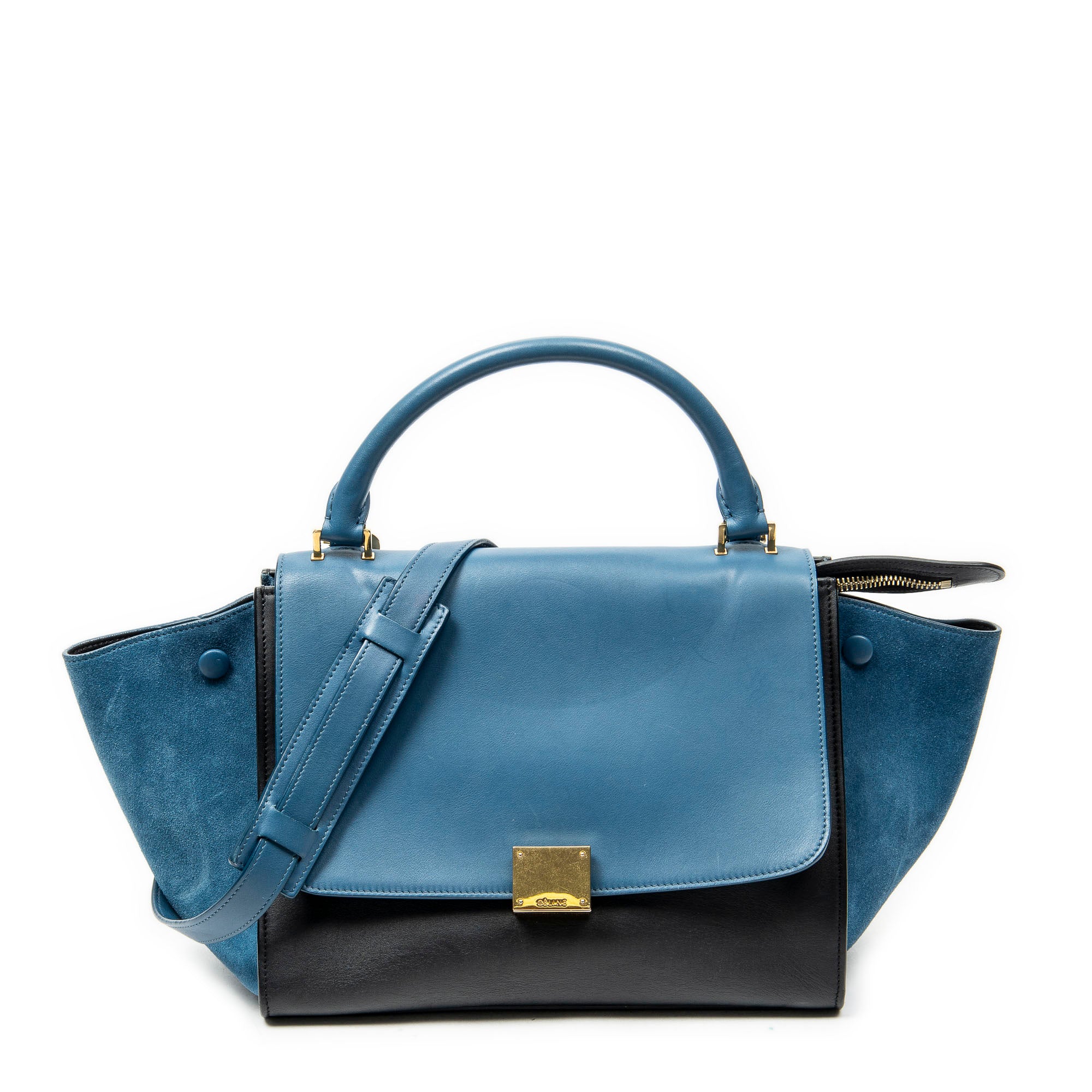 Shoulder Bag Small Bicolor Trapeze Blue Smooth Leather
