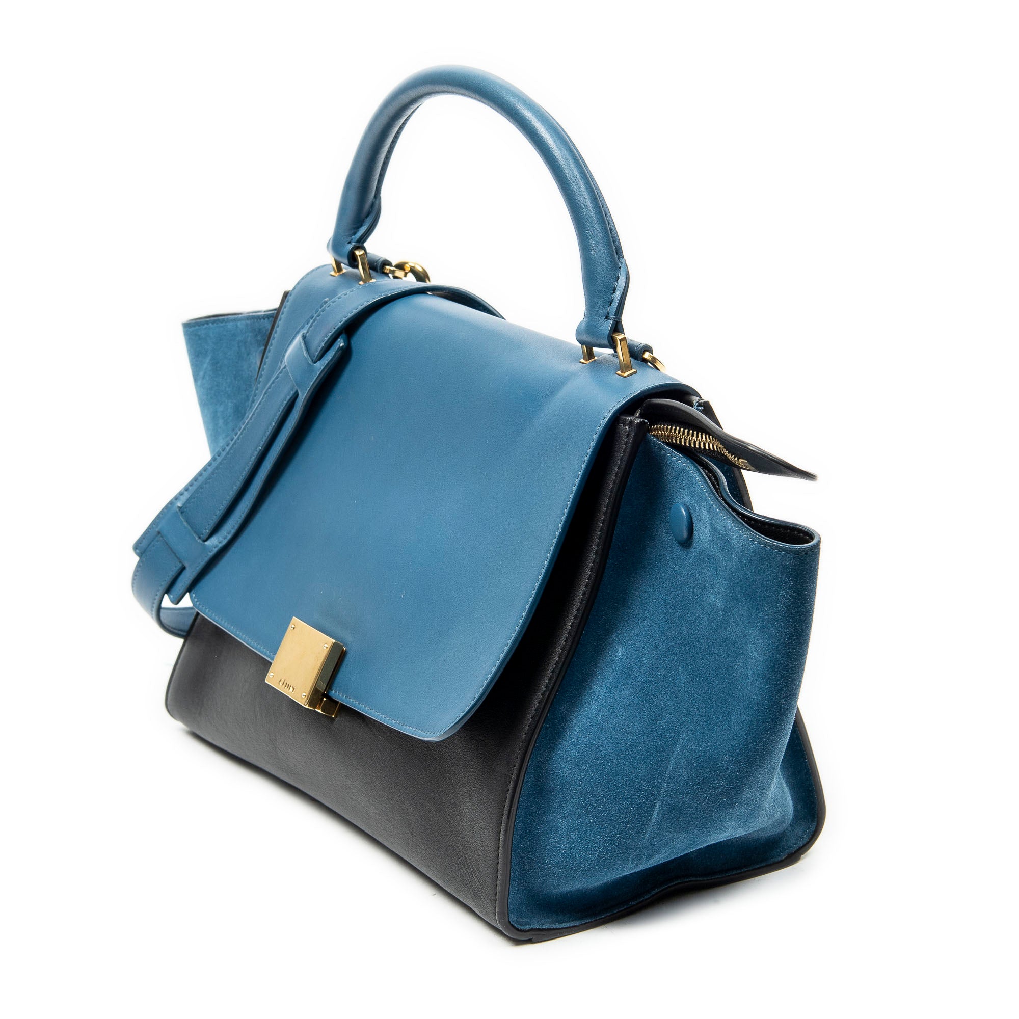 Shoulder Bag Small Bicolor Trapeze Blue Smooth Leather