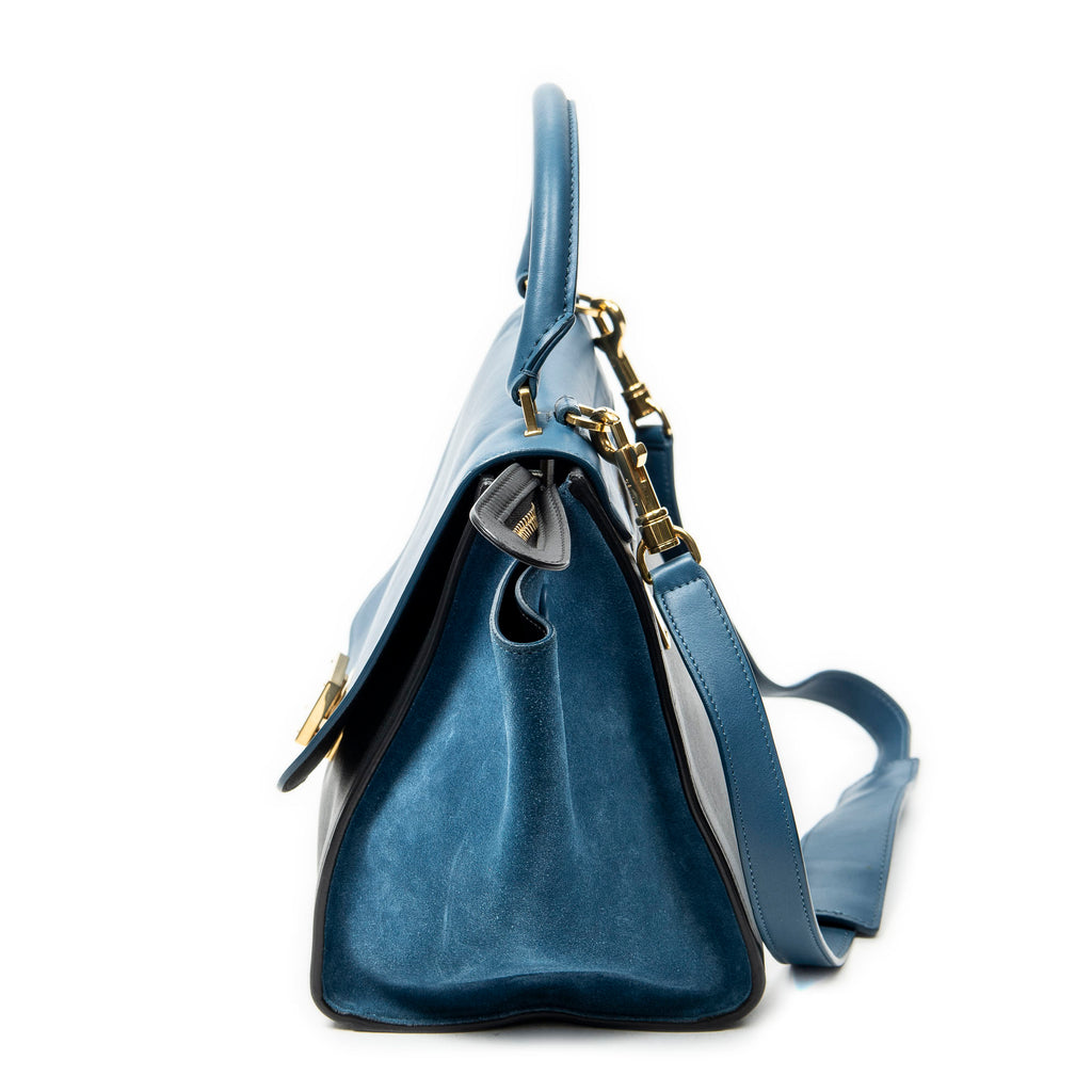 Shoulder Bag Small Bicolor Trapeze Blue Smooth Leather