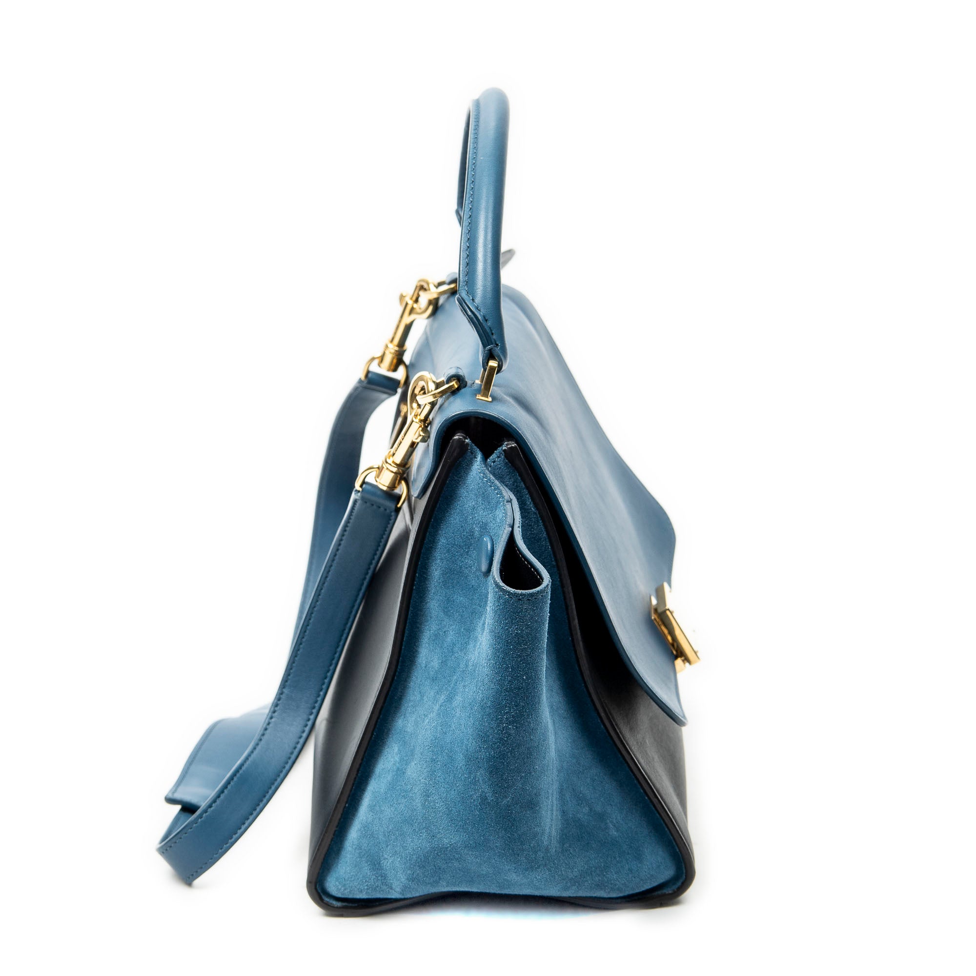 Shoulder Bag Small Bicolor Trapeze Blue Smooth Leather