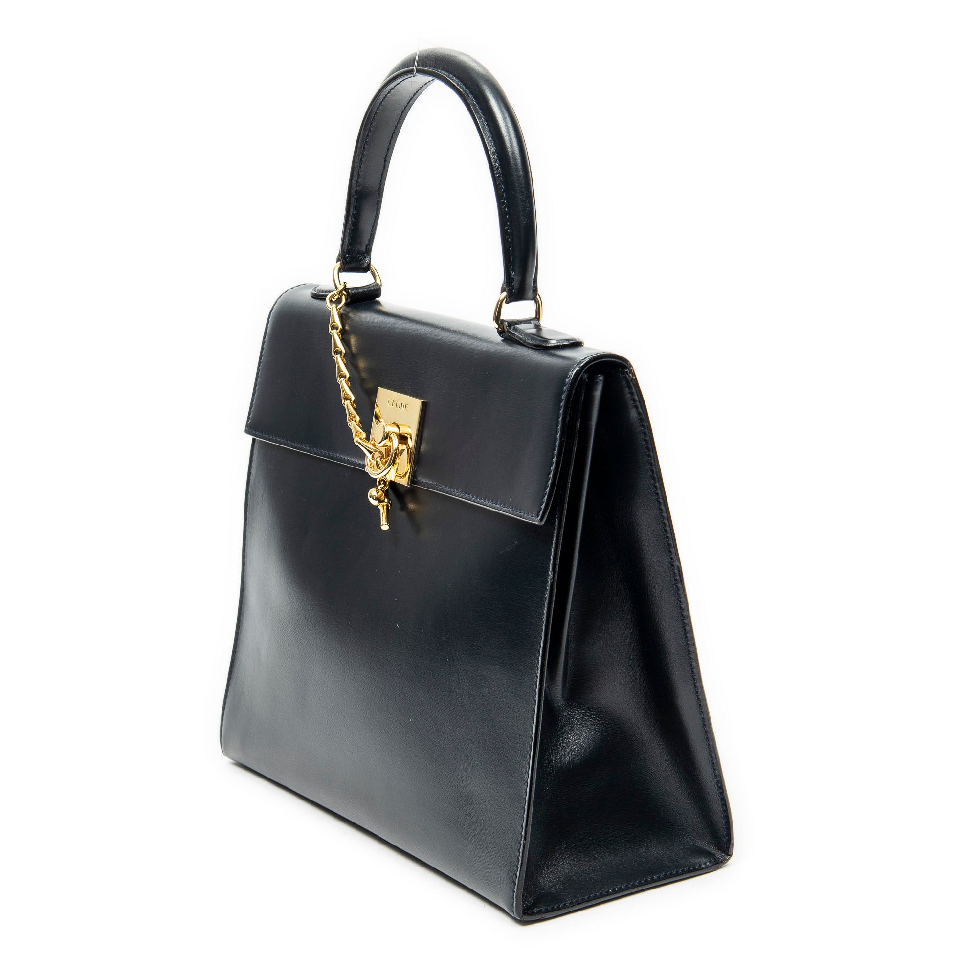 Shoulder Bag Vintage Top Handle Navy Smooth Leather