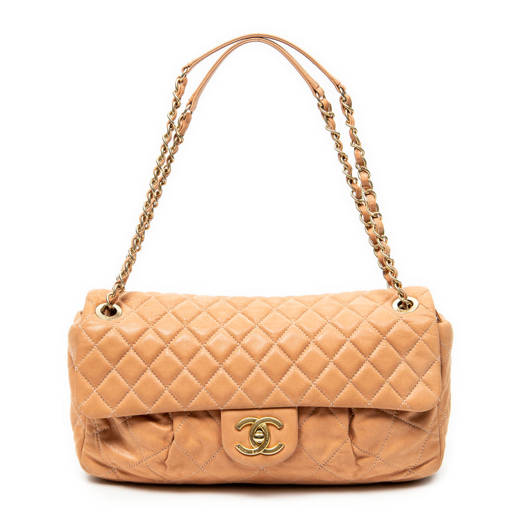 Shoulder Bag Coco Pleats Flap Tan Quilted Lambskin Leather