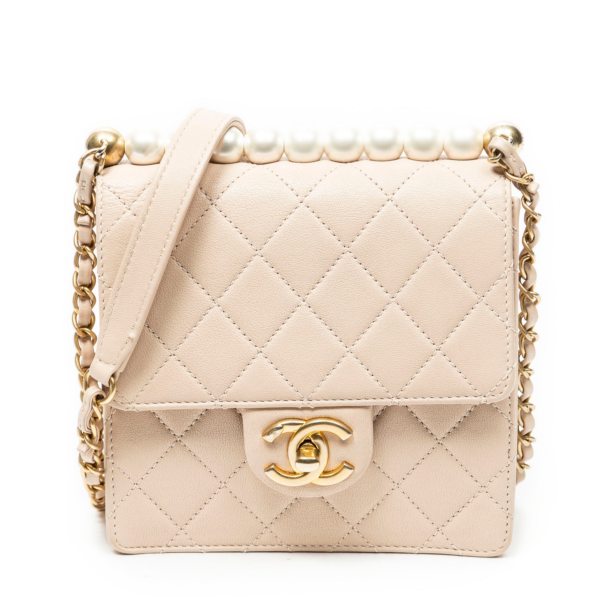 Shoulder Bag Mini Chic Pearls Flap Pink Quilted Lambskin Leather