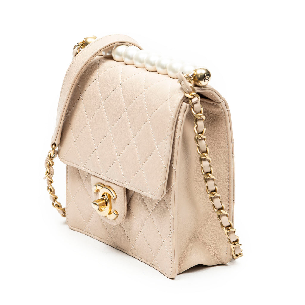 Shoulder Bag Mini Chic Pearls Flap Pink Quilted Lambskin Leather