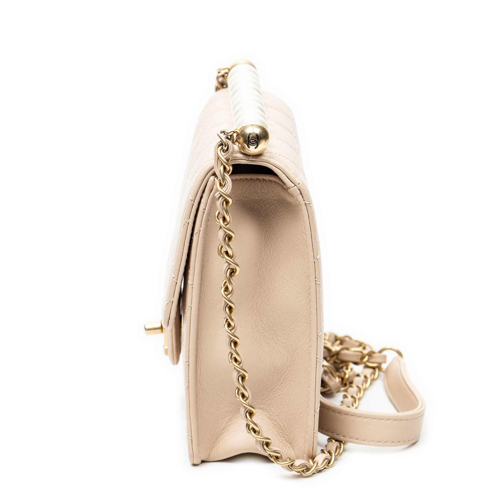 Shoulder Bag Mini Chic Pearls Flap Pink Quilted Lambskin Leather