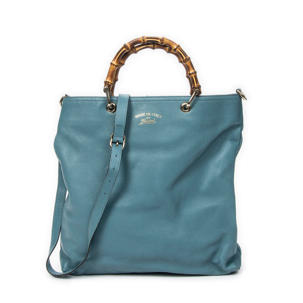 Shoulder Bag Bamboo Shopper Tote Blue Grained Calfskin Leather