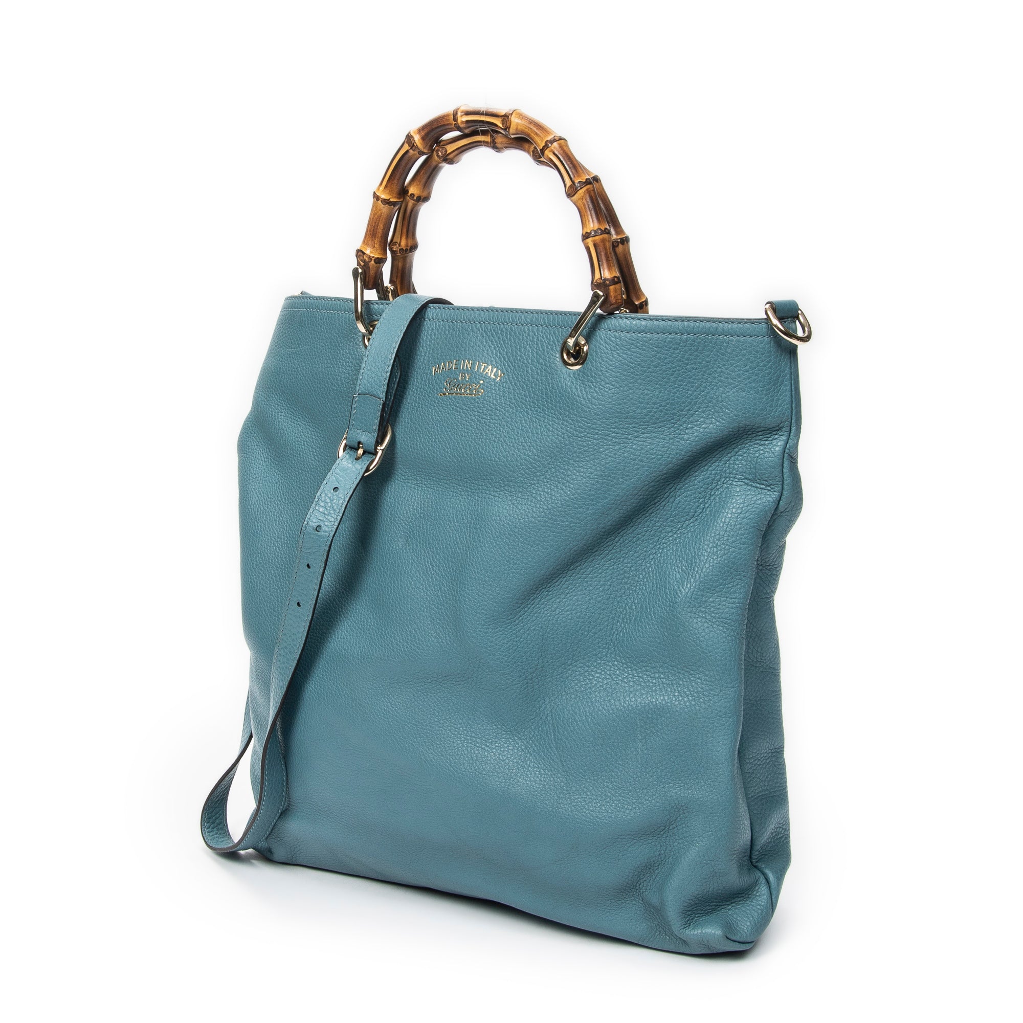 Shoulder Bag Bamboo Shopper Tote Blue Grained Calfskin Leather