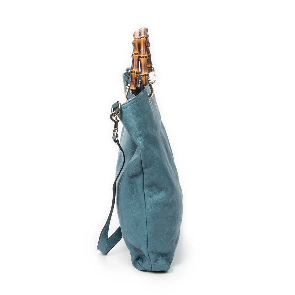 Shoulder Bag Bamboo Shopper Tote Blue Grained Calfskin Leather