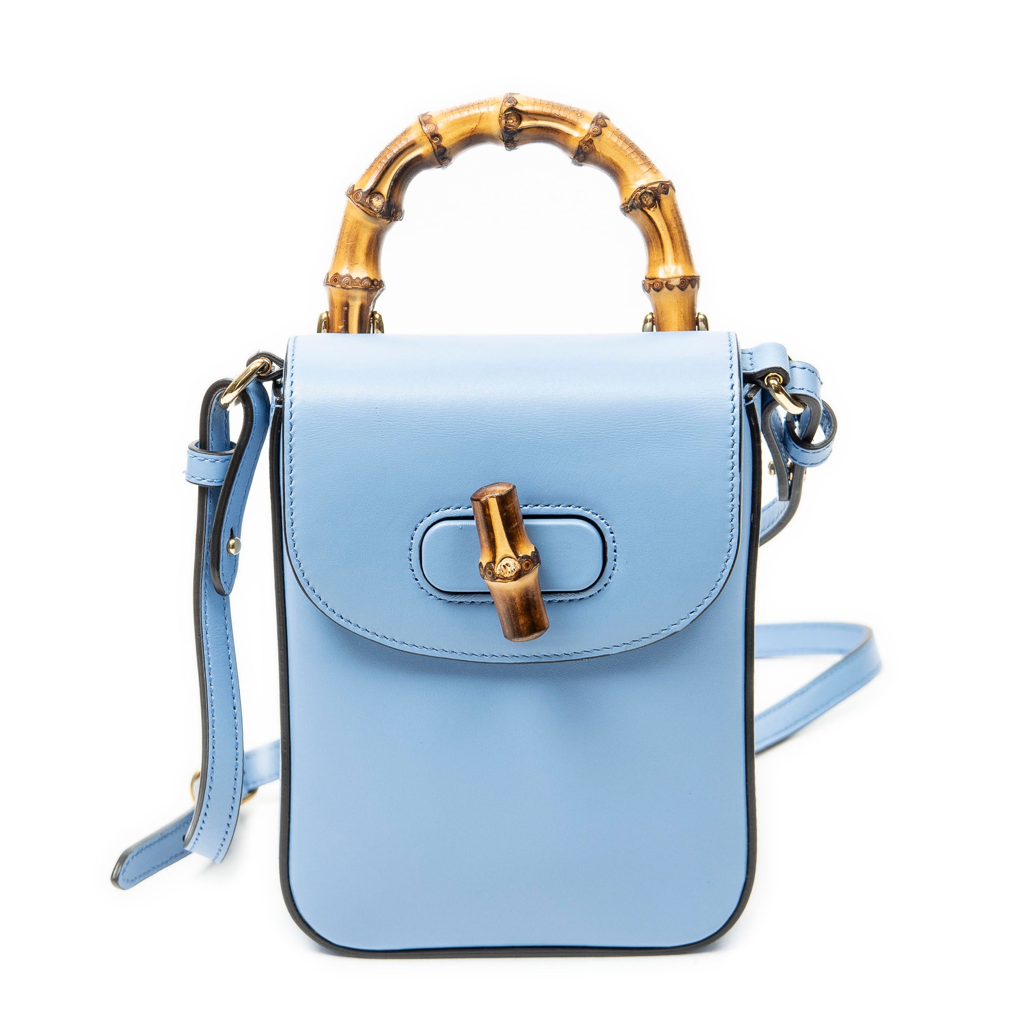 Shoulder Bag Bamboo Top Handle Mini Bag Light Blue Smooth Calfskin Leather