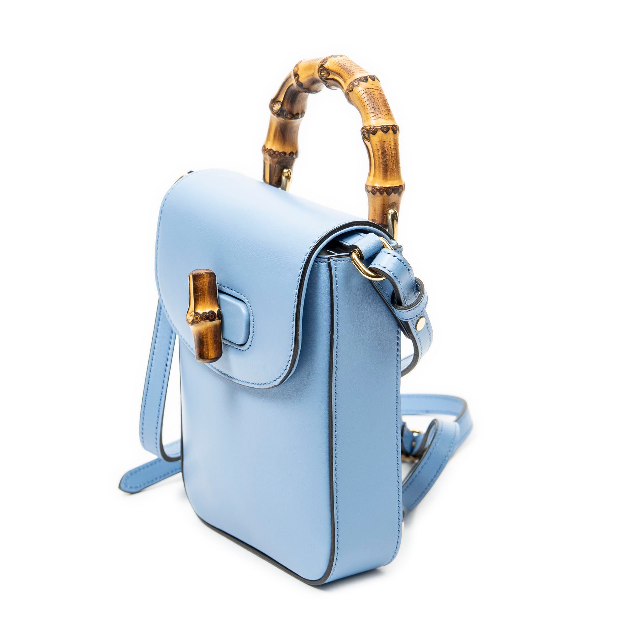 Shoulder Bag Bamboo Top Handle Mini Bag Light Blue Smooth Calfskin Leather