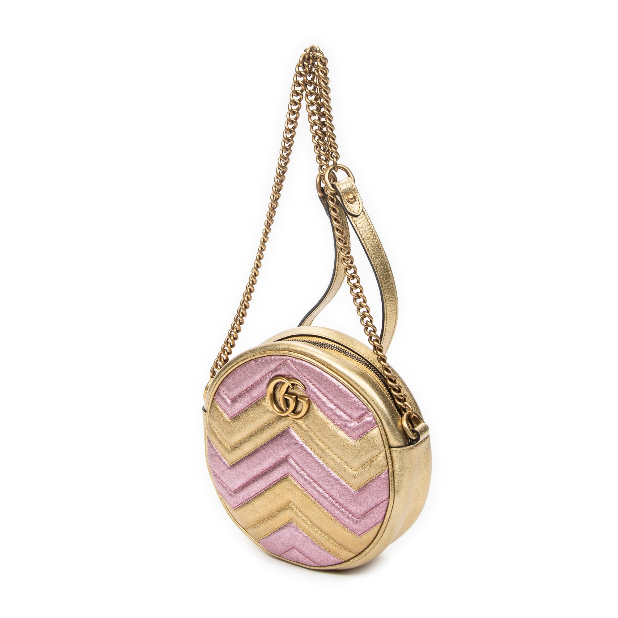 Shoulder Bag GG Marmont Chain Round Crossbody Pink Quilted Chevron Leather