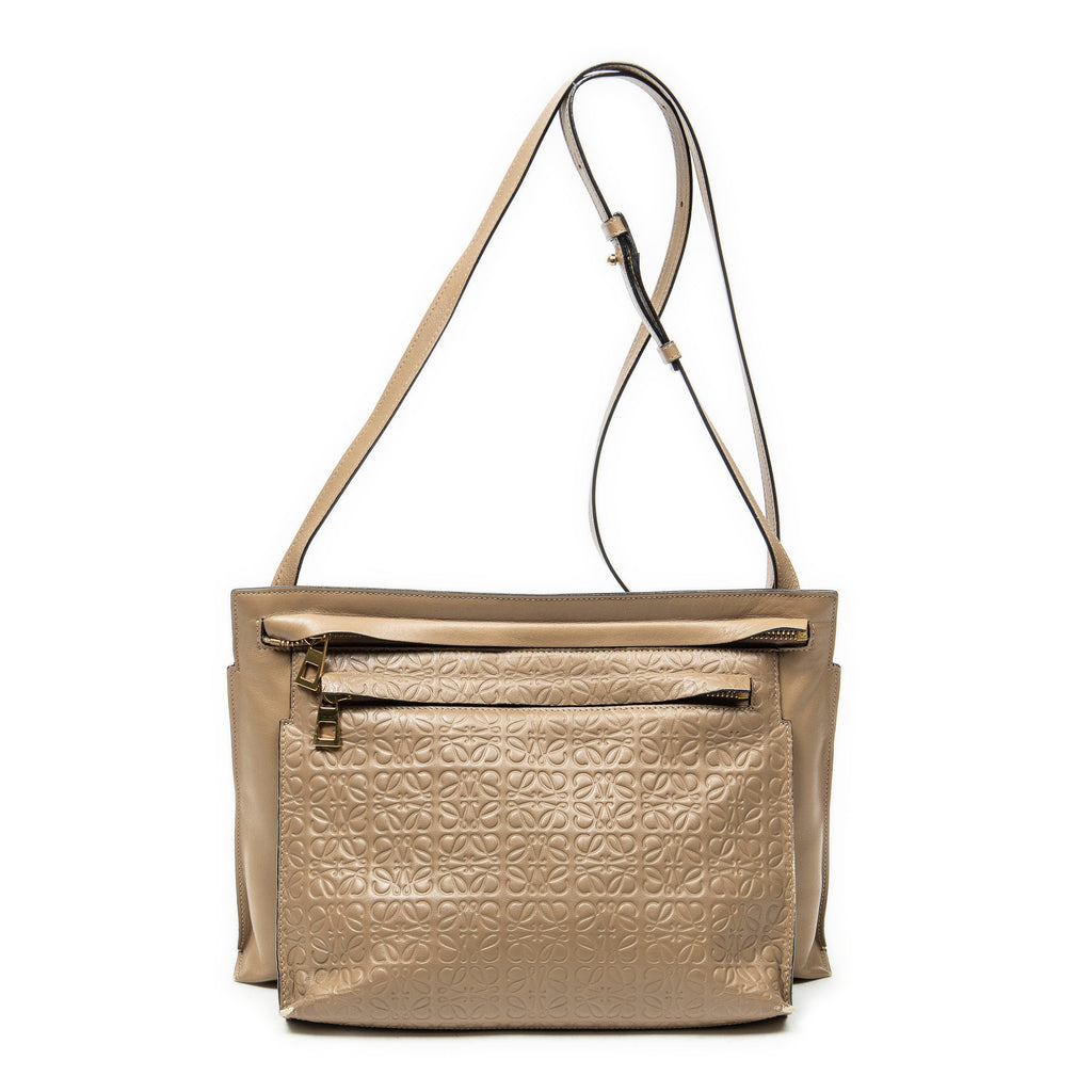 Shoulder Bag Double Pouch Crossbody Brown Anagram Embossed Leather
