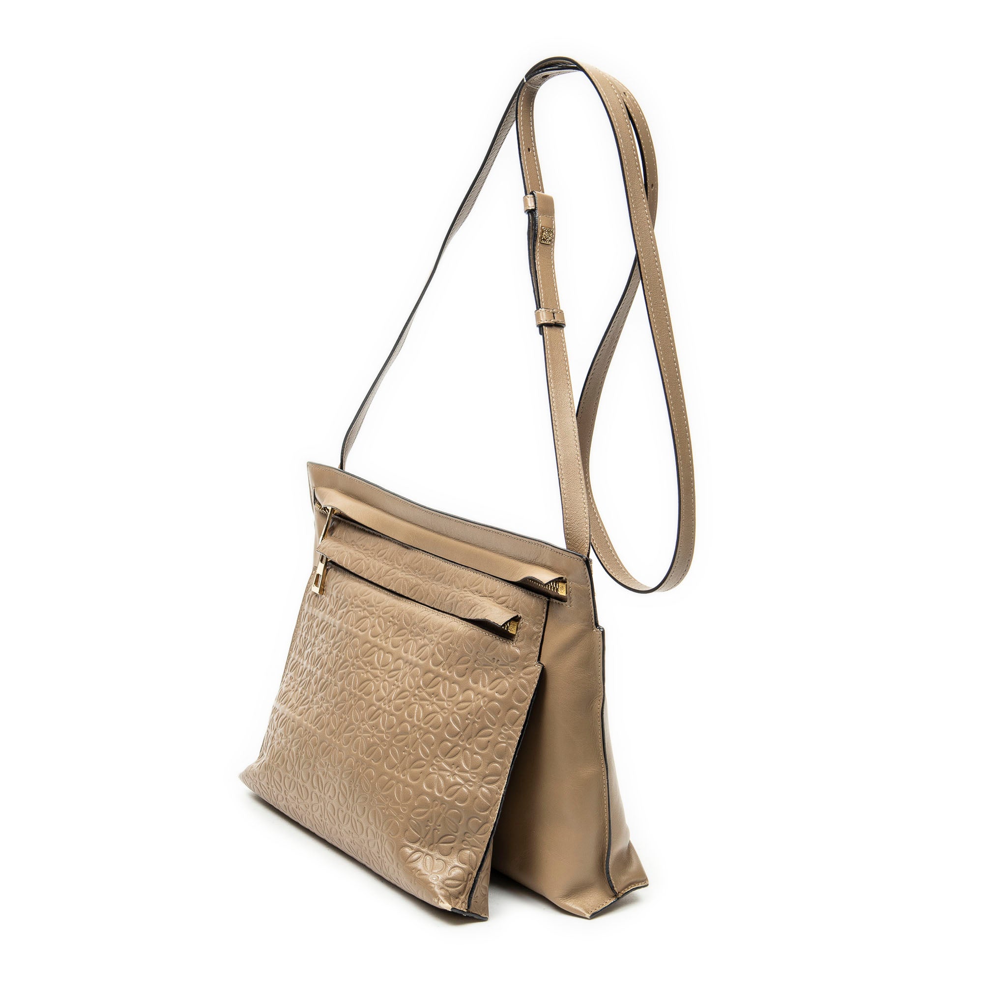 Shoulder Bag Double Pouch Crossbody Brown Anagram Embossed Leather