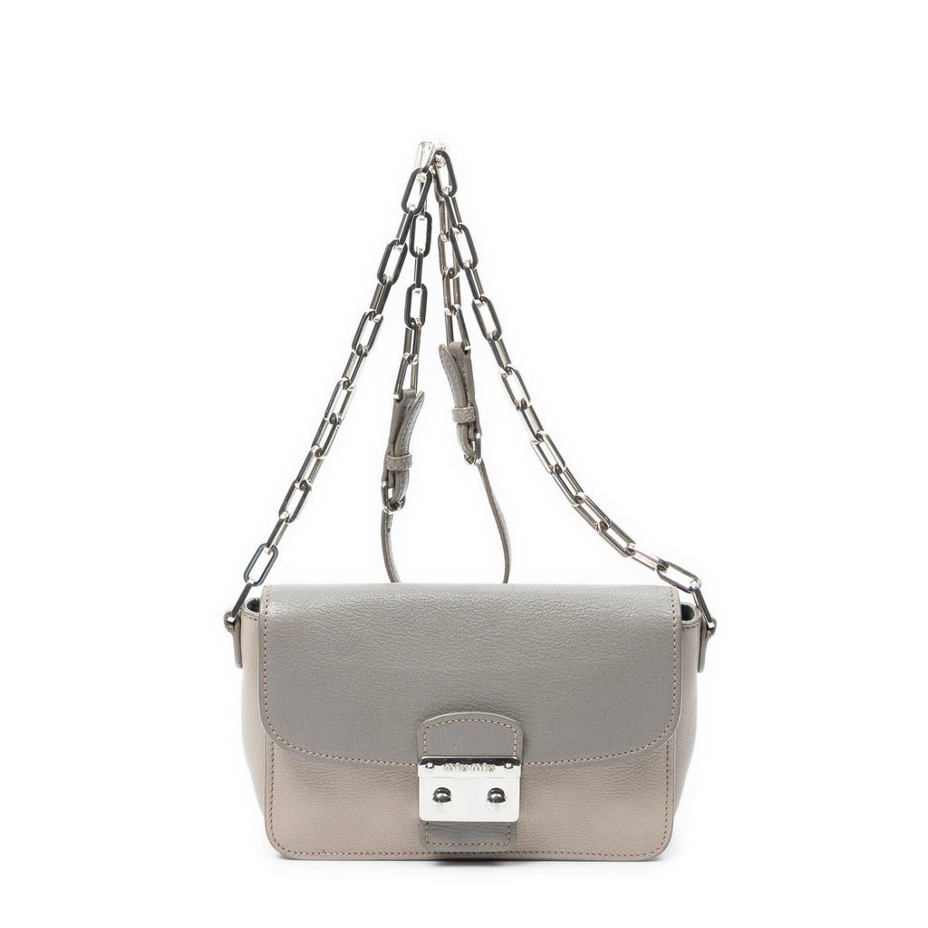 Shoulder Bag Pushlock Flap Chain Crossbody Taupe Goatskin Leather