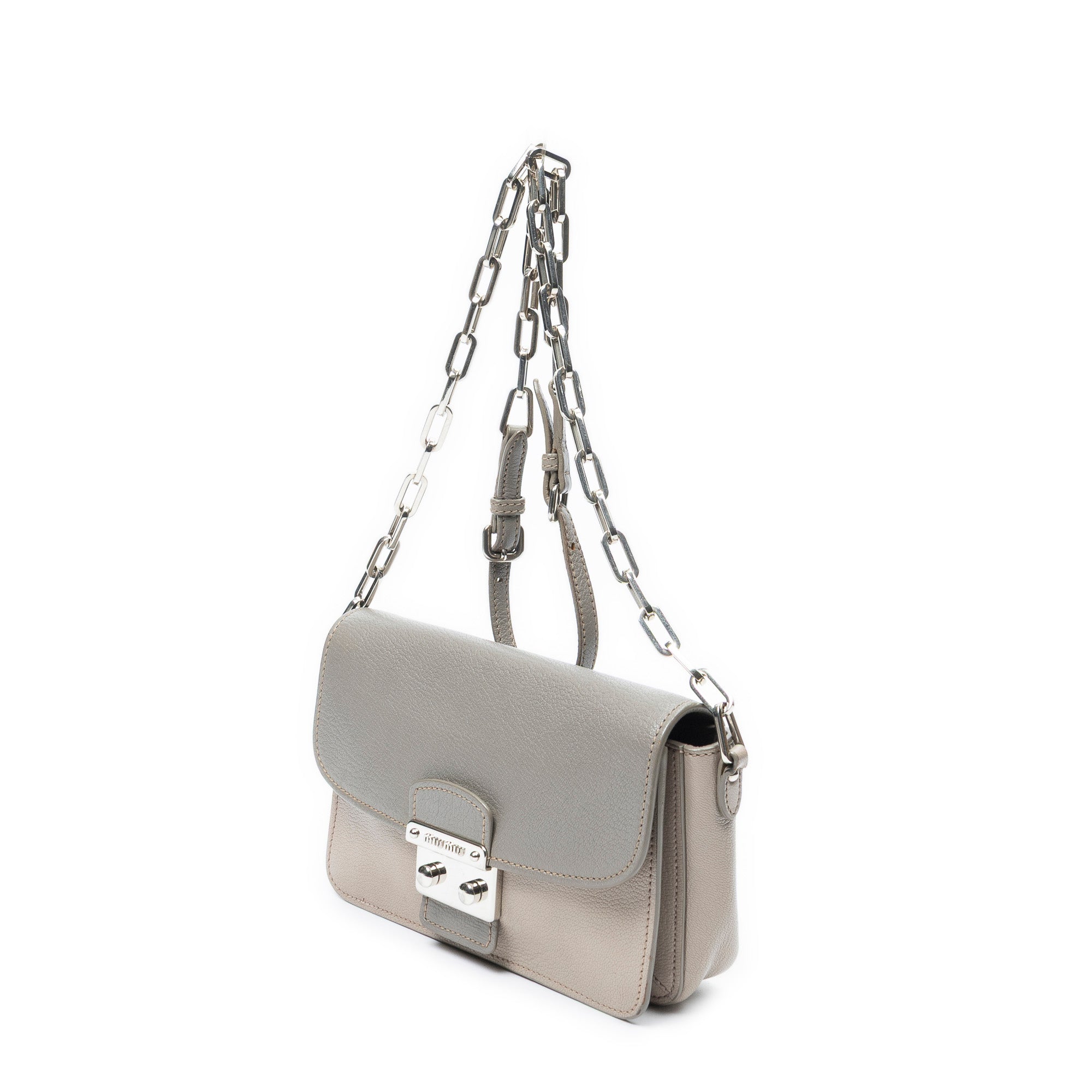 Shoulder Bag Pushlock Flap Chain Crossbody Taupe Goatskin Leather