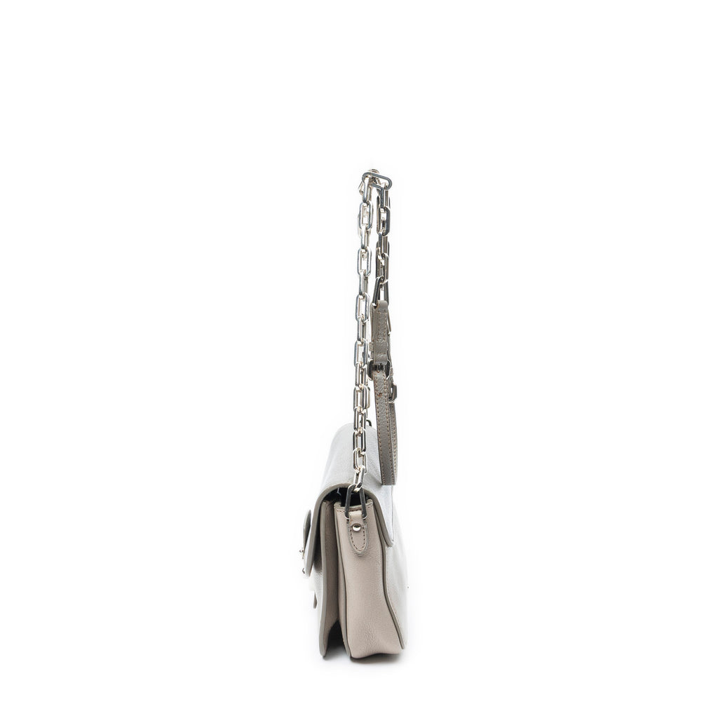 Shoulder Bag Pushlock Flap Chain Crossbody Taupe Goatskin Leather