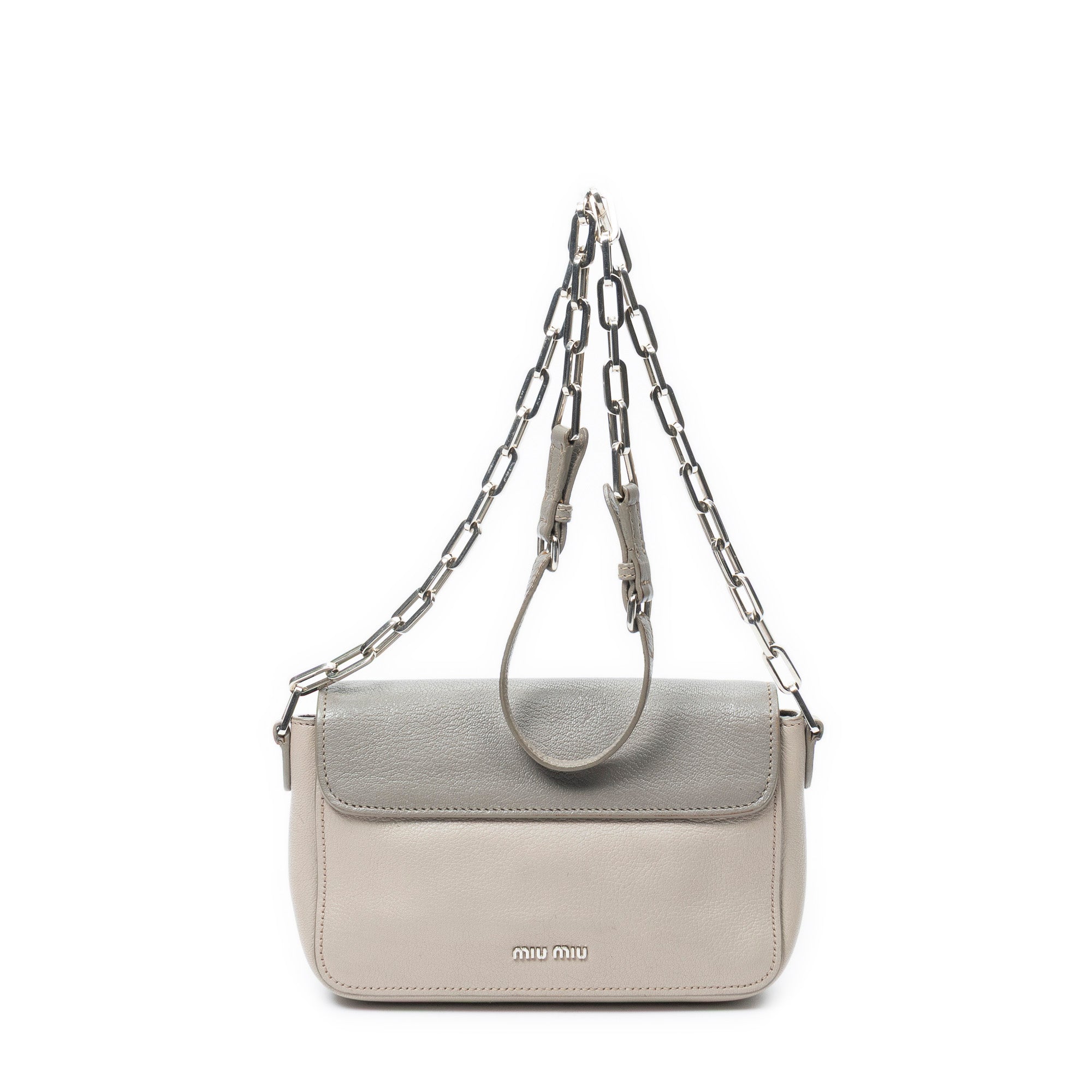 Shoulder Bag Pushlock Flap Chain Crossbody Taupe Goatskin Leather