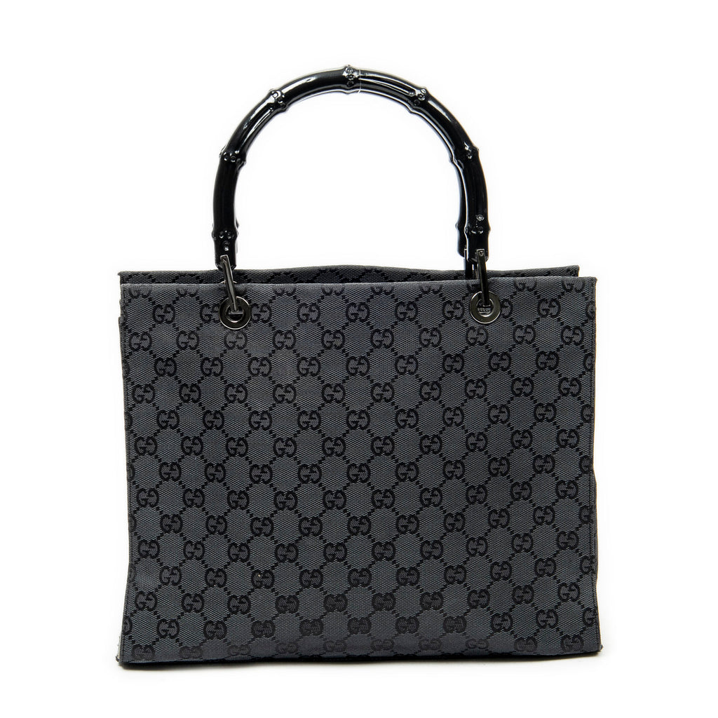 Handbag Bamboo Square Tote Black Monogrammed Canvas