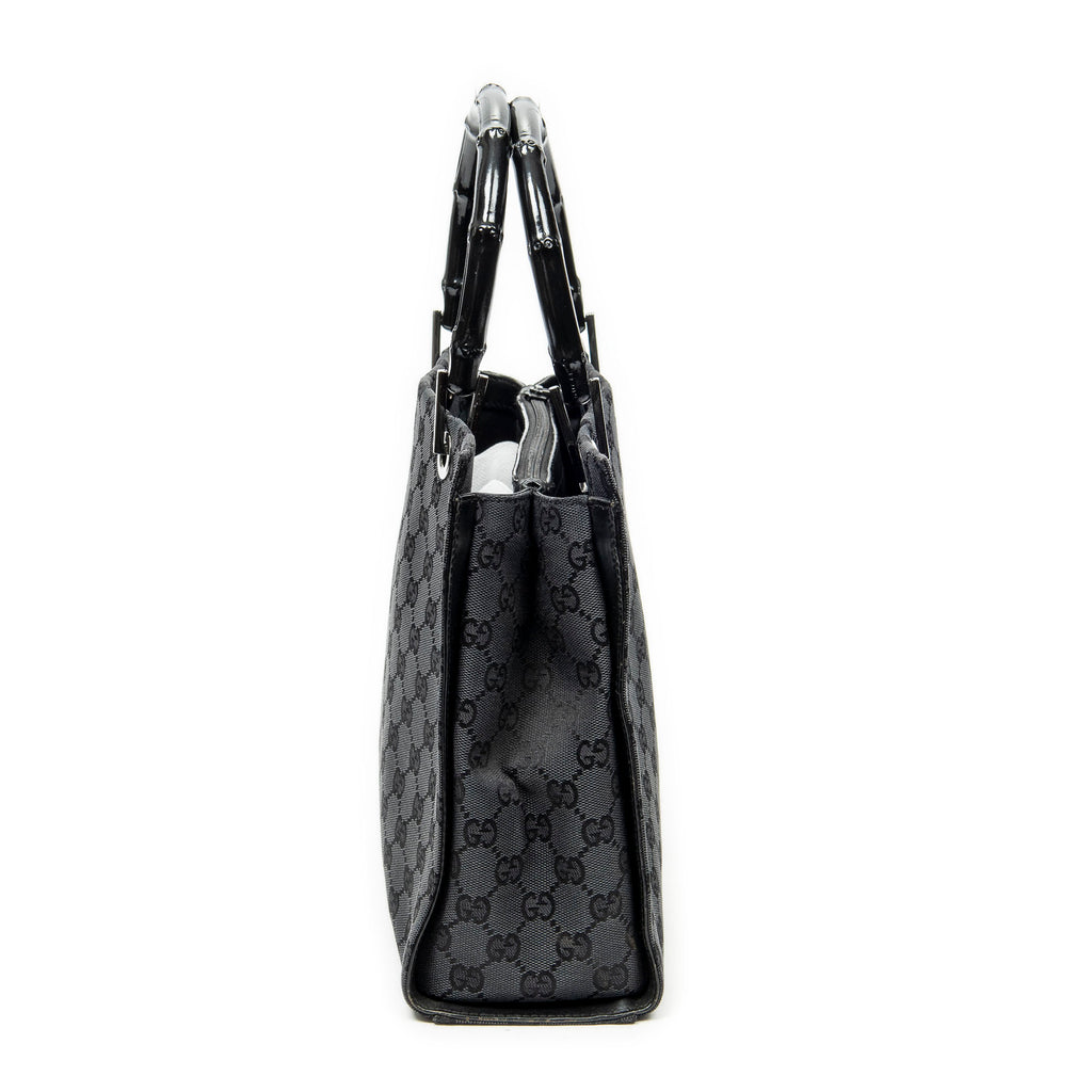 Handbag Bamboo Square Tote Black Monogrammed Canvas