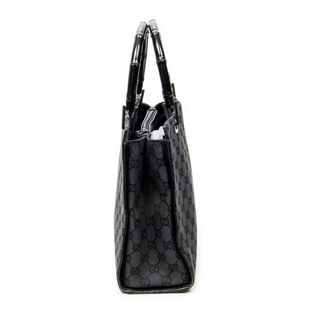 Handbag Bamboo Square Tote Black Monogrammed Canvas