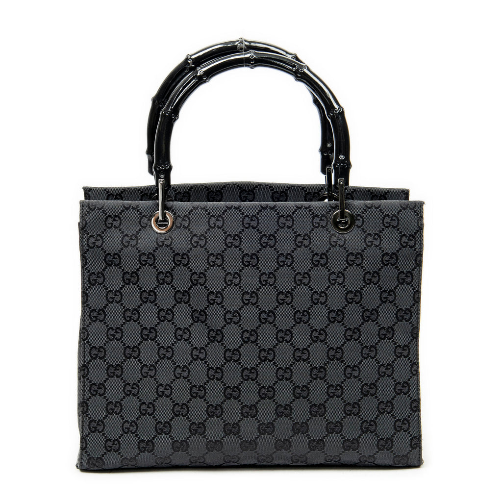 Handbag Bamboo Square Tote Black Monogrammed Canvas