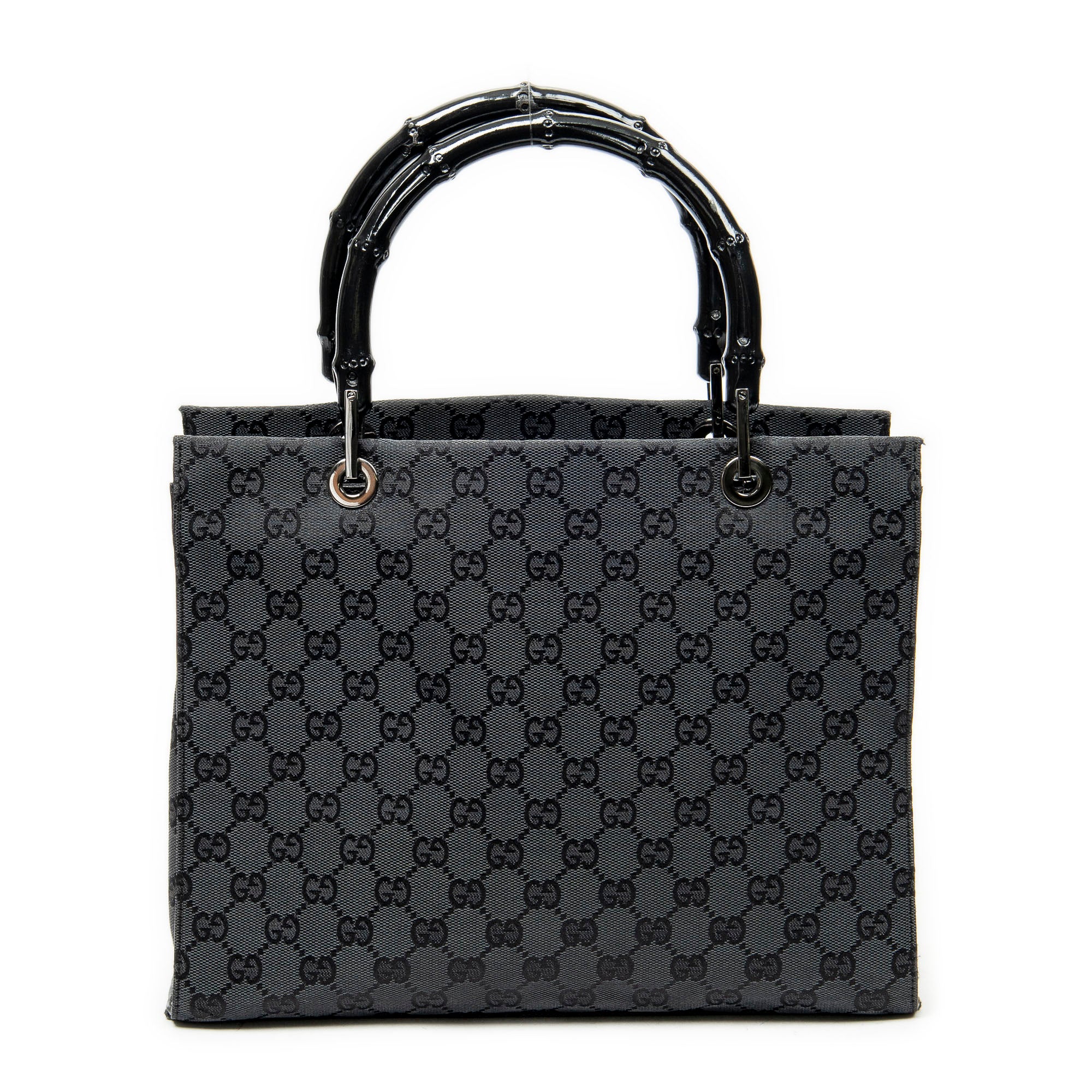 Handbag Bamboo Square Tote Black Monogrammed Canvas