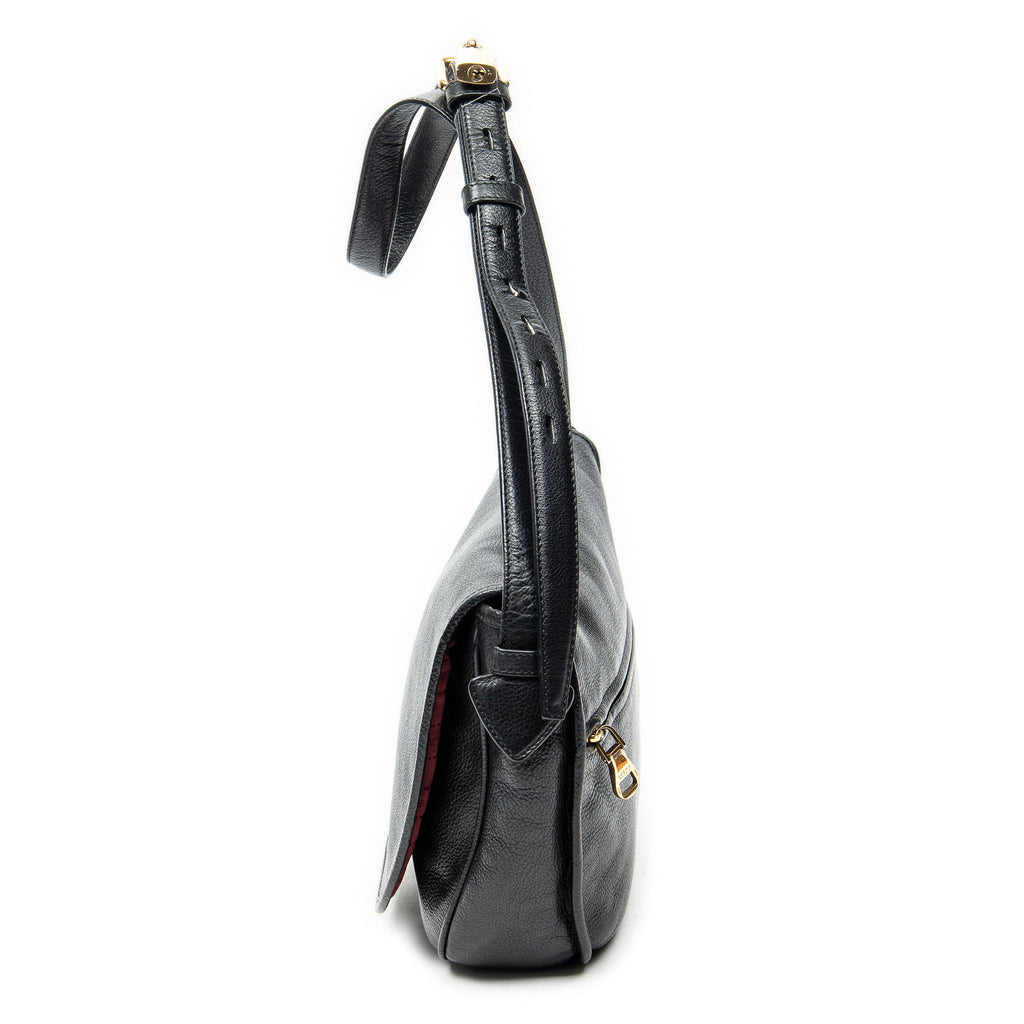 Shoulder Bag Heritage Flap Messenger Black Grained Calfskin Leather