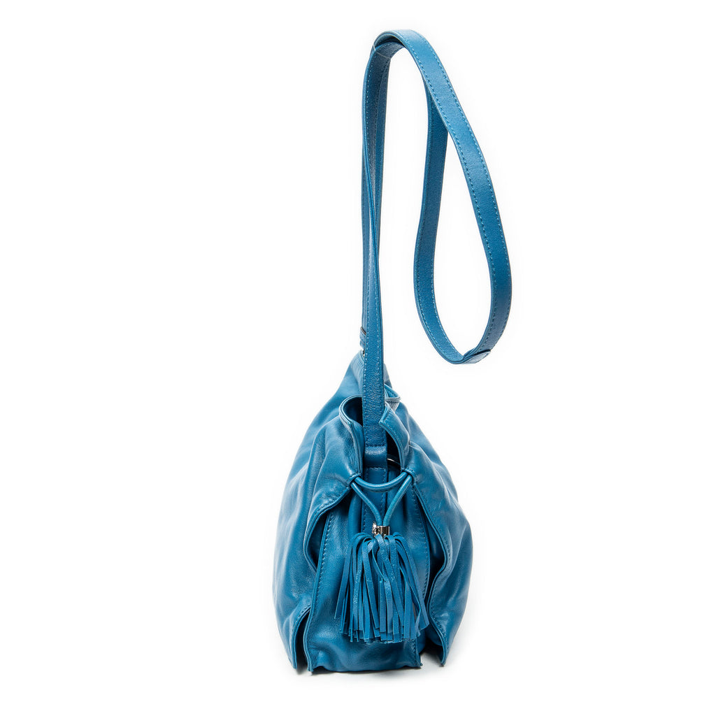 Shoulder Bag Small Tassel Flamenco Blue Calfskin Leather
