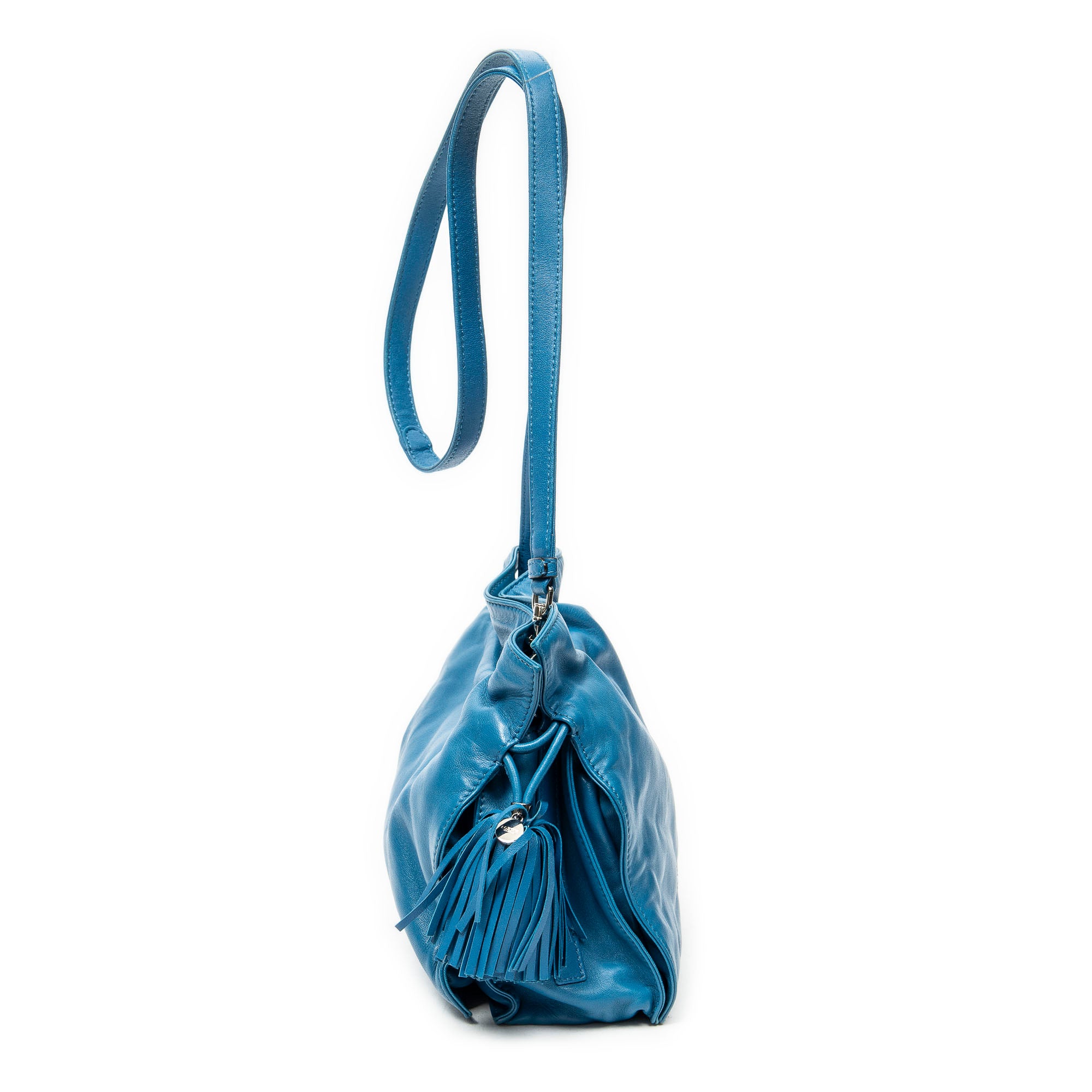 Shoulder Bag Small Tassel Flamenco Blue Calfskin Leather