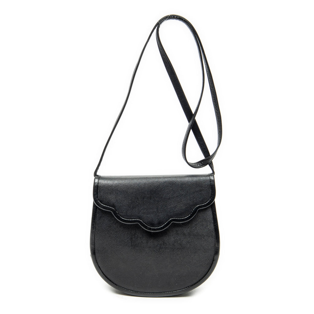 Shoulder Bag Vintage Scallop Flap Crossbody Black Grained Calfskin Leather