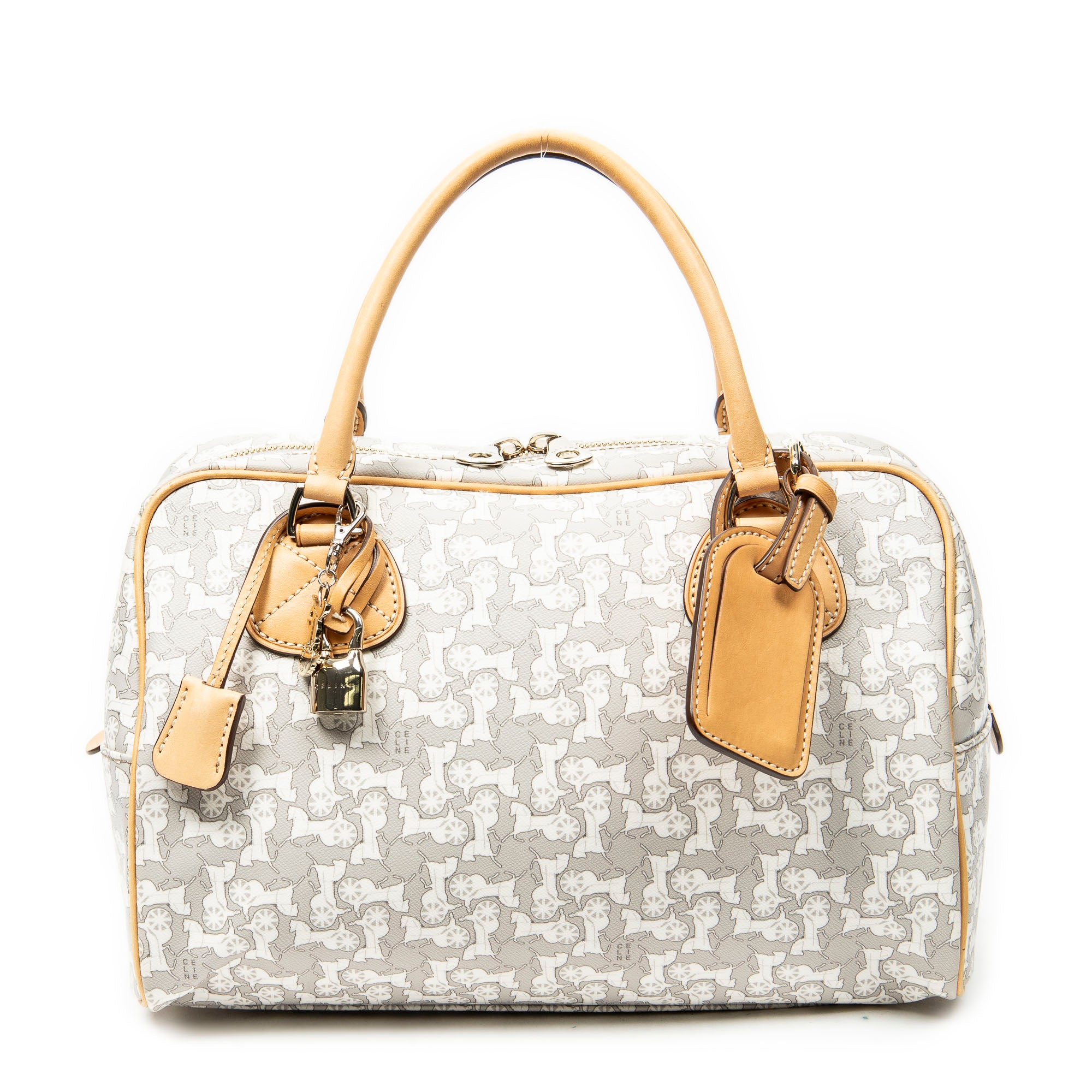 Handbag Zip Boston White Carriage Print Coated Canvas