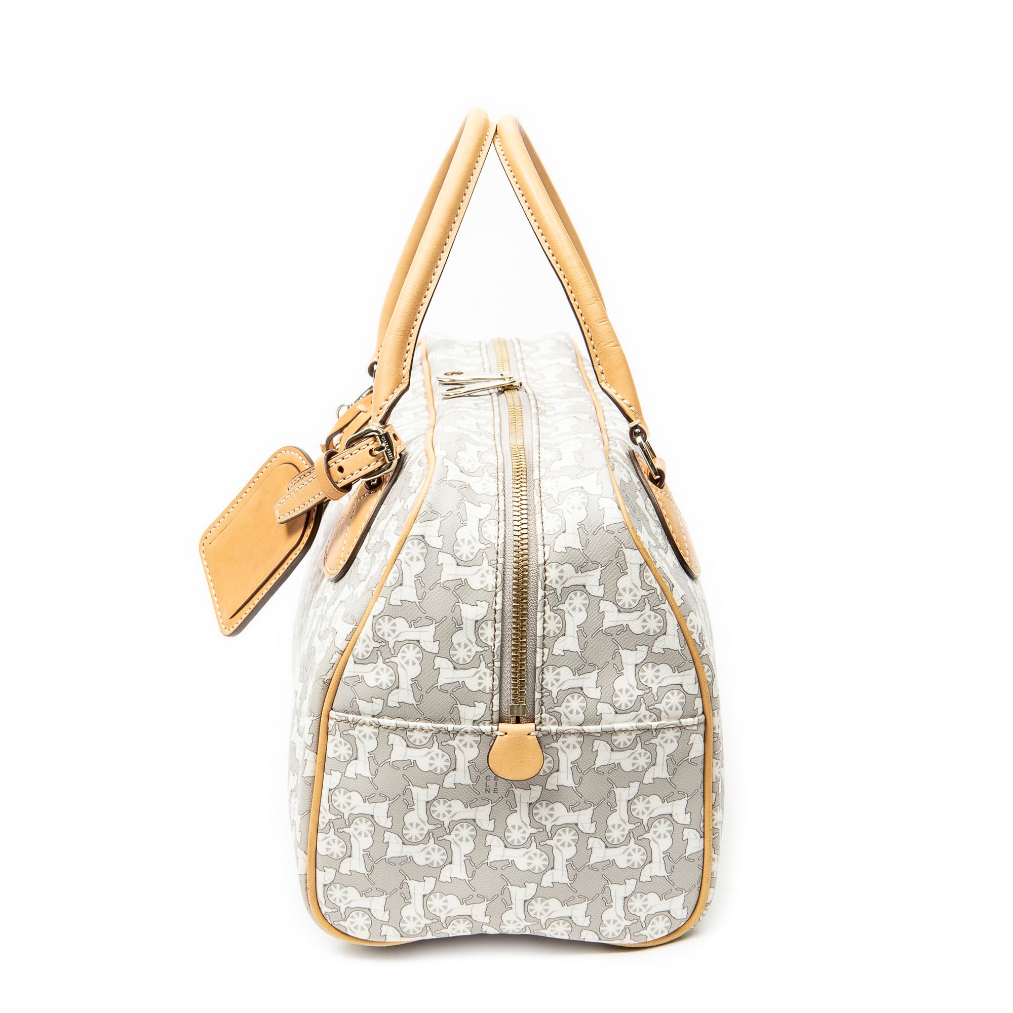 Handbag Zip Boston White Carriage Print Coated Canvas
