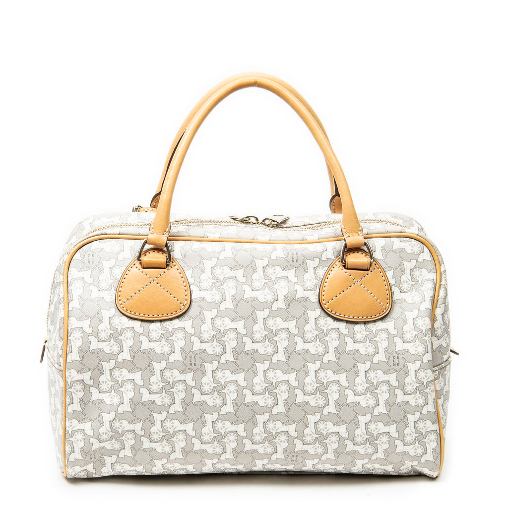 Handbag Zip Boston White Carriage Print Coated Canvas