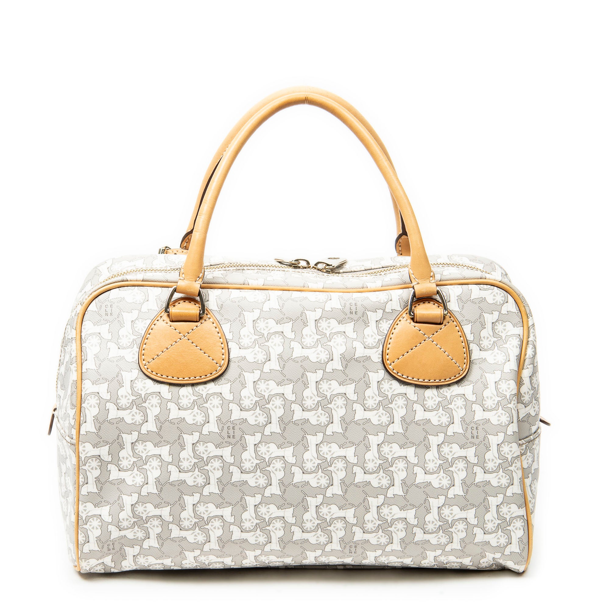 Handbag Zip Boston White Carriage Print Coated Canvas