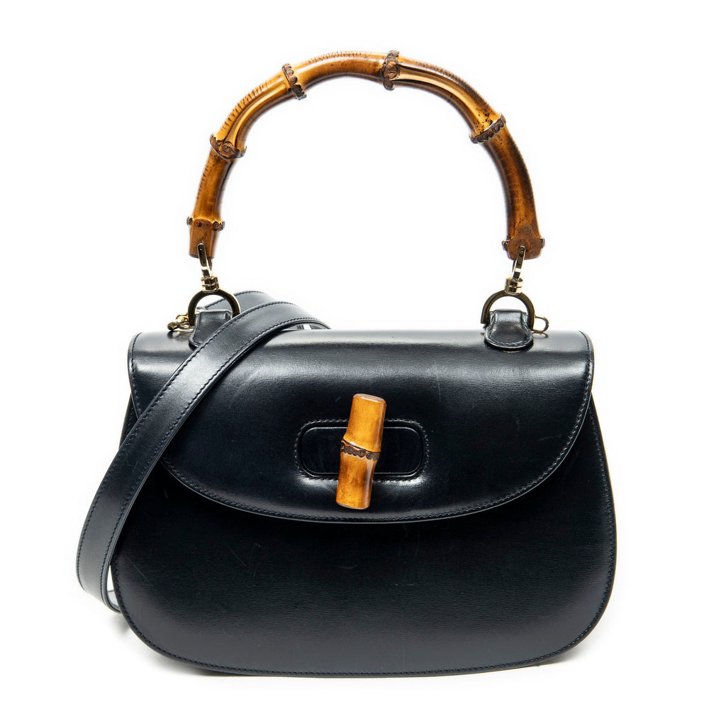 Shoulder Bag Medium Bamboo Top Handle Flap Black Calfskin Leather