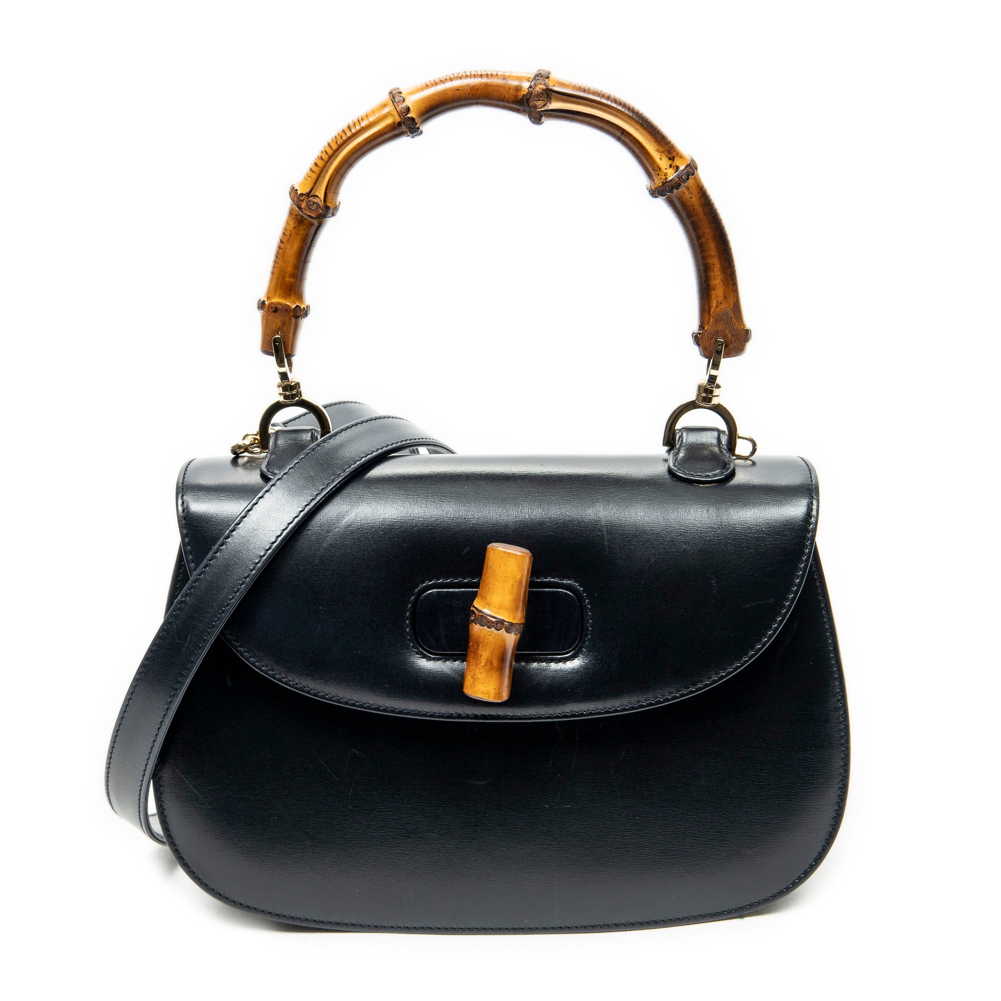 Shoulder Bag Medium Bamboo Top Handle Flap Black Calfskin Leather