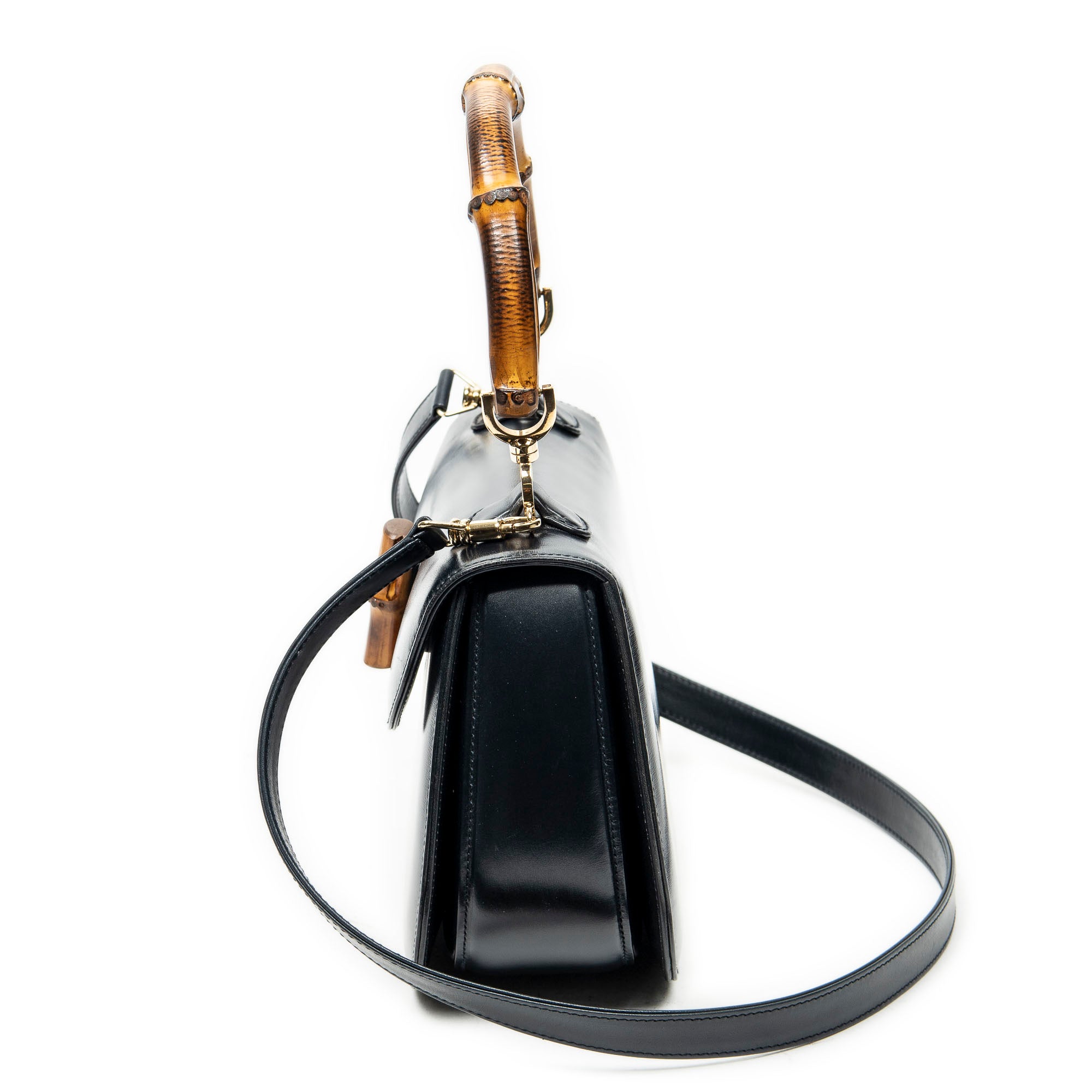 Shoulder Bag Medium Bamboo Top Handle Flap Black Calfskin Leather
