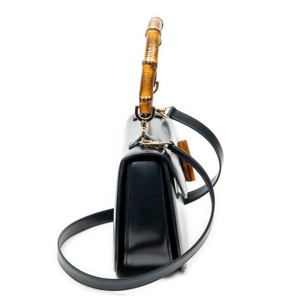 Shoulder Bag Medium Bamboo Top Handle Flap Black Calfskin Leather