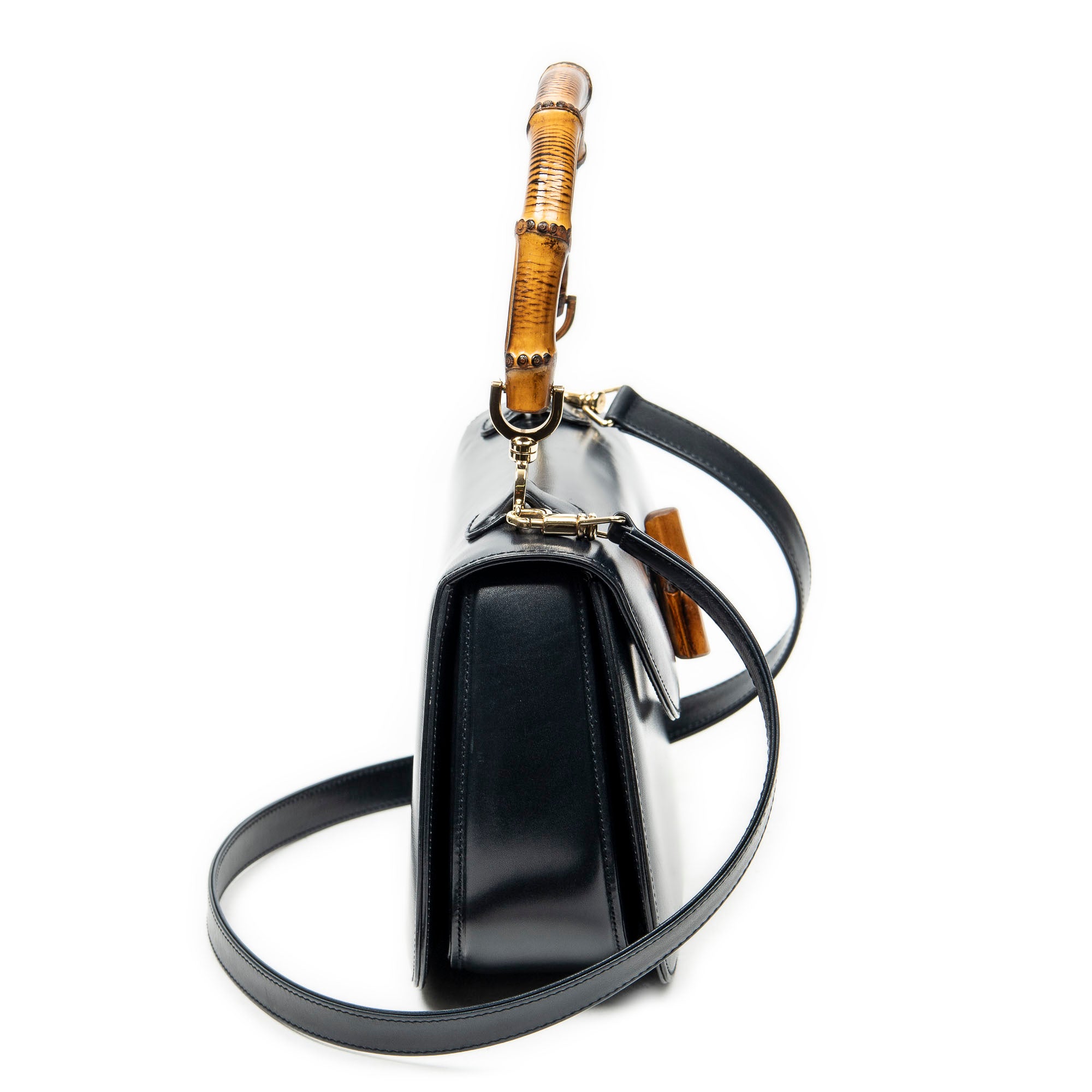 Shoulder Bag Medium Bamboo Top Handle Flap Black Calfskin Leather