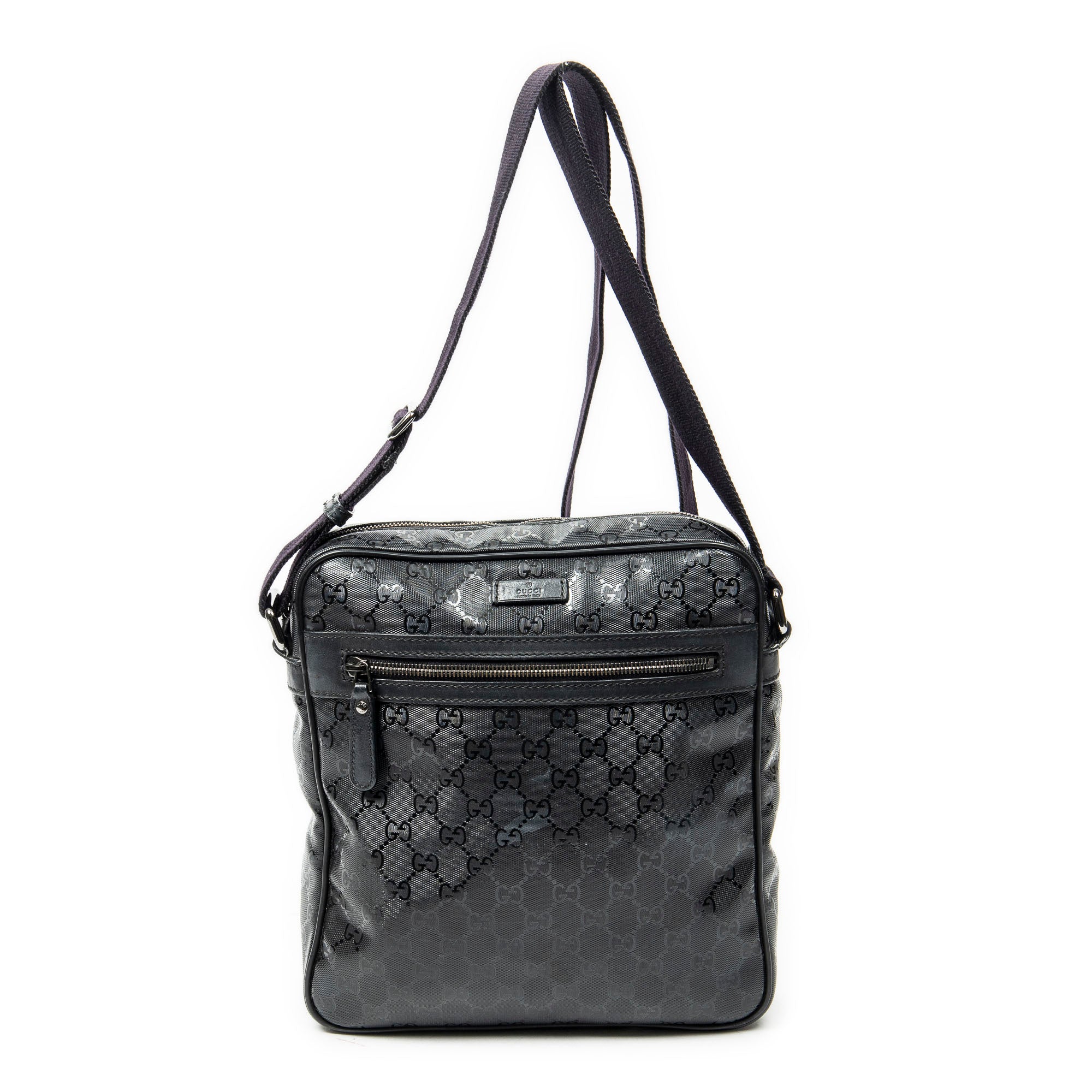 Shoulder Bag Front Zip Messenger Black Guccissima Imprint Coated Canvas