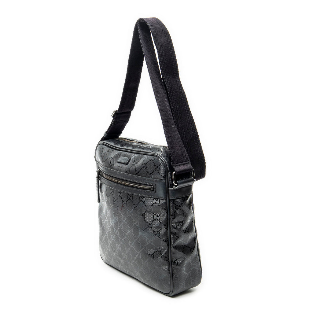 Shoulder Bag Front Zip Messenger Black Guccissima Imprint Coated Canvas