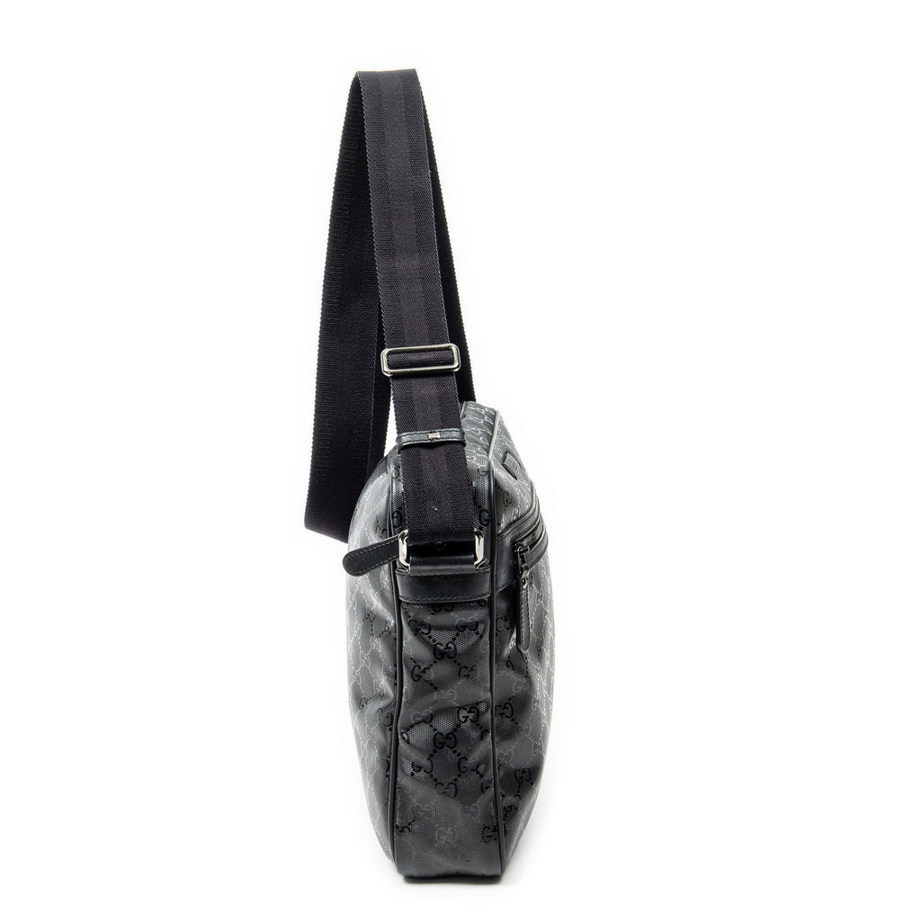 Shoulder Bag Front Zip Messenger Black Guccissima Imprint Coated Canvas