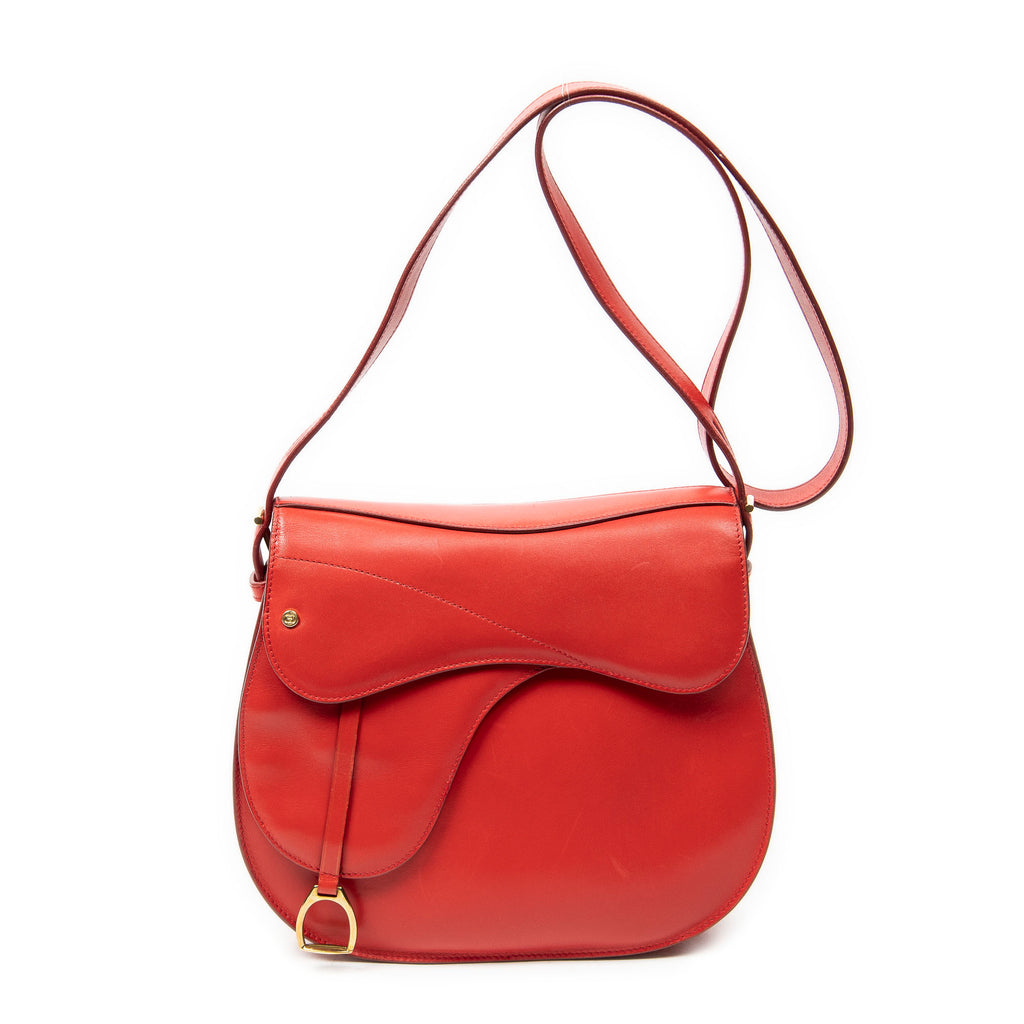 Shoulder Bag Vintage Saddle Flap Red Calfskin Leather