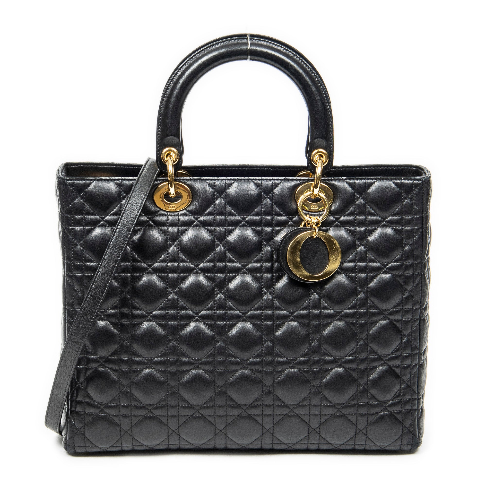 Sac à bandoulière Lady Dior grand modèle zippé en cuir d'agneau Cannage noir