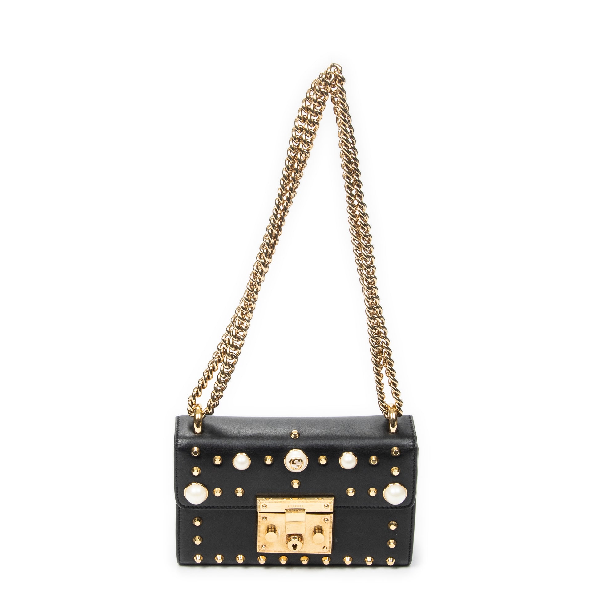 Shoulder Bag Studded GG Padlock Chain Crossbody Black Smooth Calfskin Leather