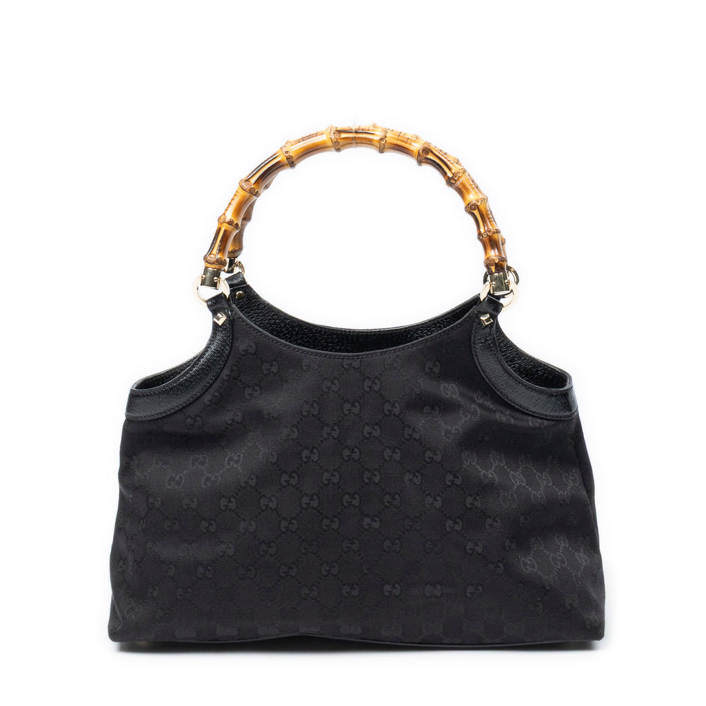 Shoulder Bag Bamboo Handle Tote Black Monogrammed Canvas