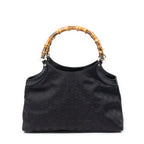 Shoulder Bag Bamboo Handle Tote Black Monogrammed Canvas