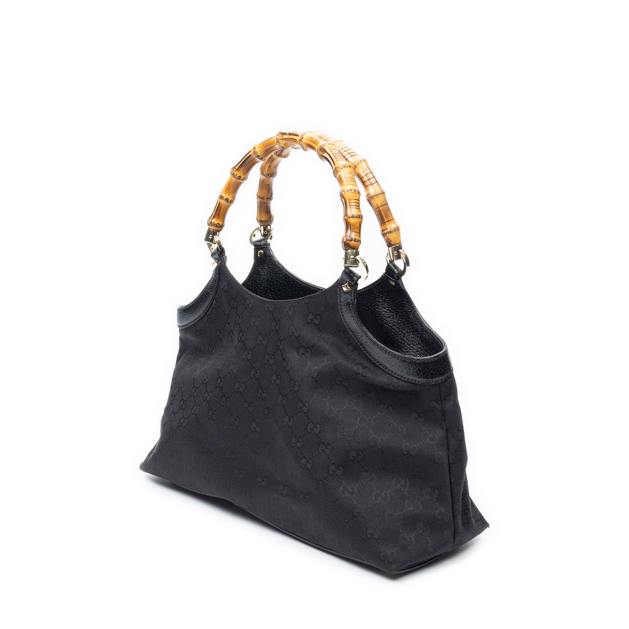 Shoulder Bag Bamboo Handle Tote Black Monogrammed Canvas